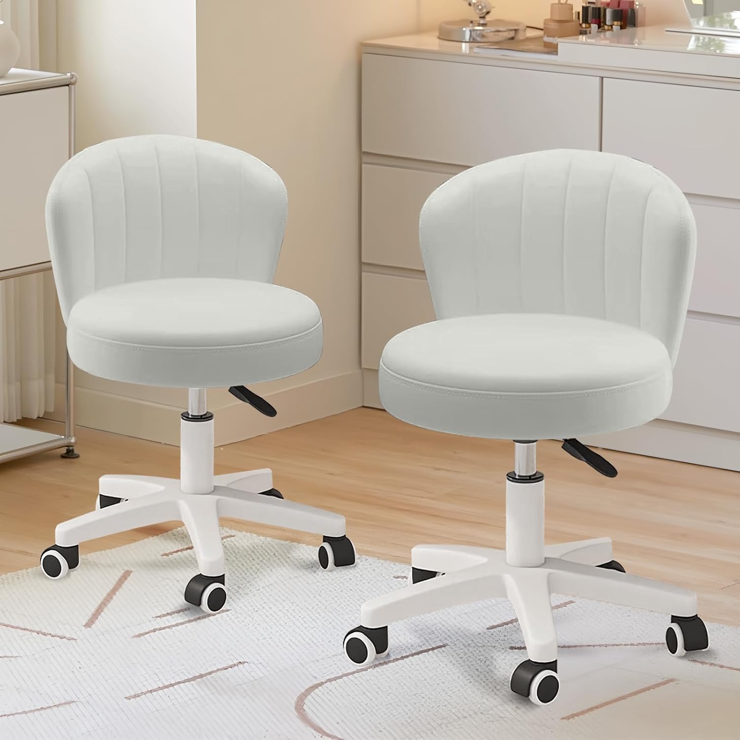Small Desk Chair Round Rolling Chair with Back PU Leather Height Adjustable Swivel Vanity Work Computer Stool Chair for Home Office Bedroom