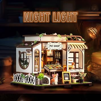 DIY Miniature House Kit,Pet Shop Dollhouse Miniature Kit with LED & Furniture,Mini Diorama House Building Kit for Adults Teens,3D Wooden Crafts Tiny House Mini Model Kit,Home Decor Birthday Gifts | Pet shop cat&dog accessories; warm LED lights; pre-colored wood, easy assembly; stress relief; display gift