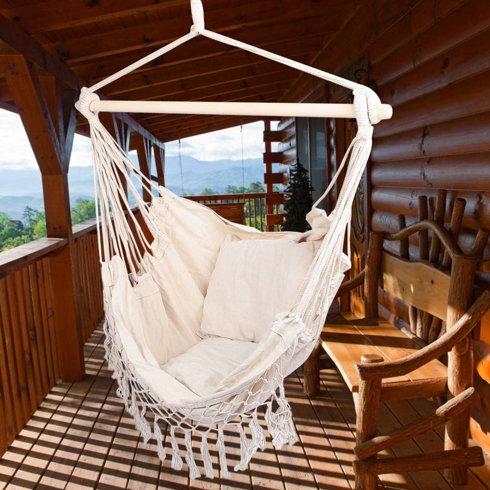 Chaise de hamac avec deux coussins, chaise suspendue corde de coton, fil de coton, chaise pour tissage, hamac à chaise, chaise à bascule suspendue, extérieur de jardin et intérieur maison