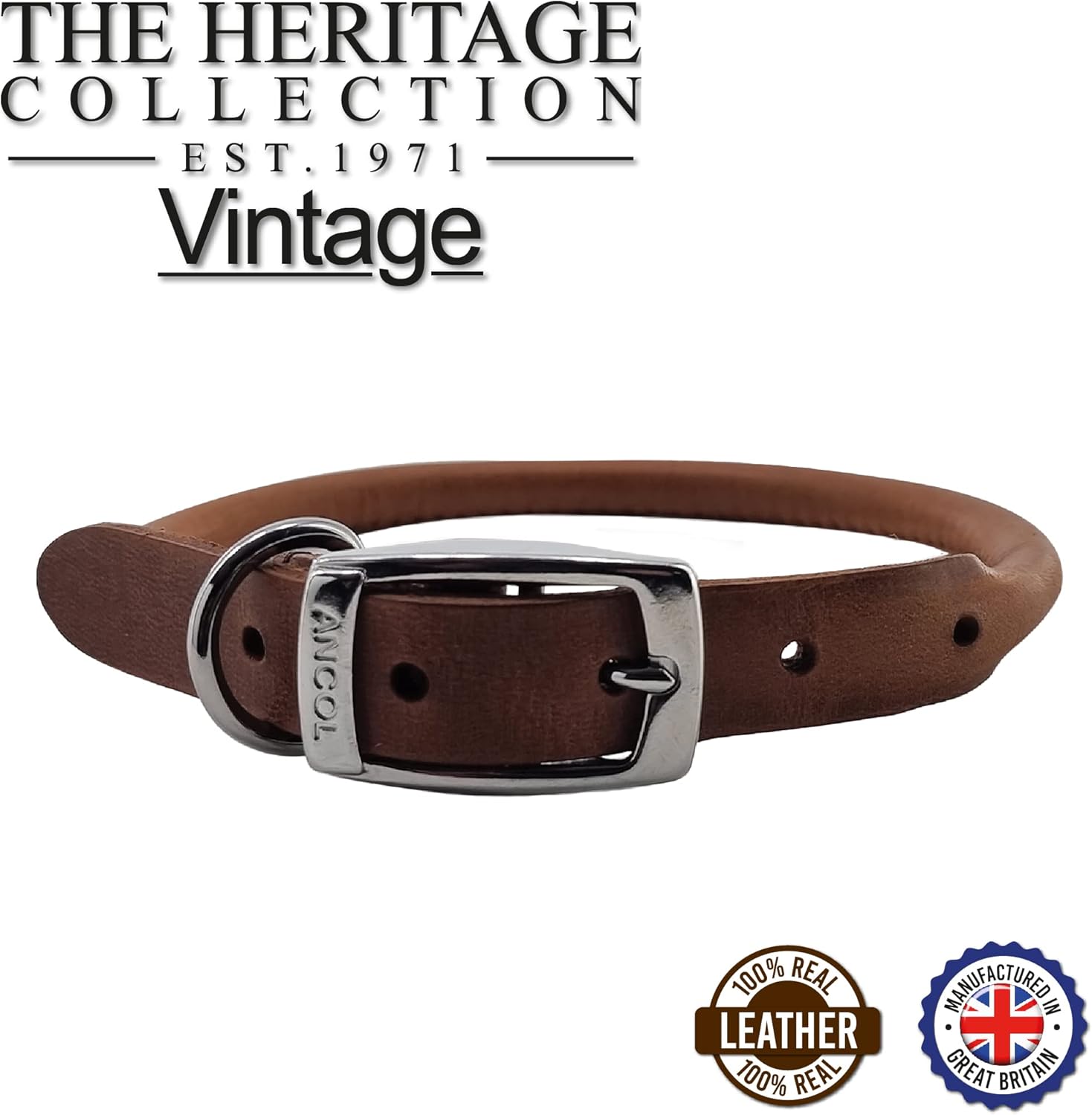 Ancol Chestnut Round Leather Dog Collar for Dogs and Puppies - Handcrafted Leather Pet Training Collar with Nylon Core - Tan Colour - Size 45-54cm Size 6