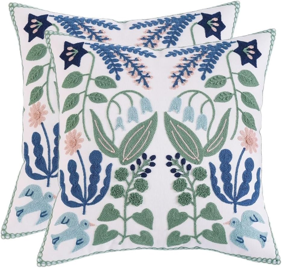 Embroidered Pillow Covers 18x18 Set of 2 Sage Green and Blue Floral Throw Pillows Decorative Farmhouse Spring Boho Accent Cushion Cases for Couch Sofa Bedroom Living Room Home Decor