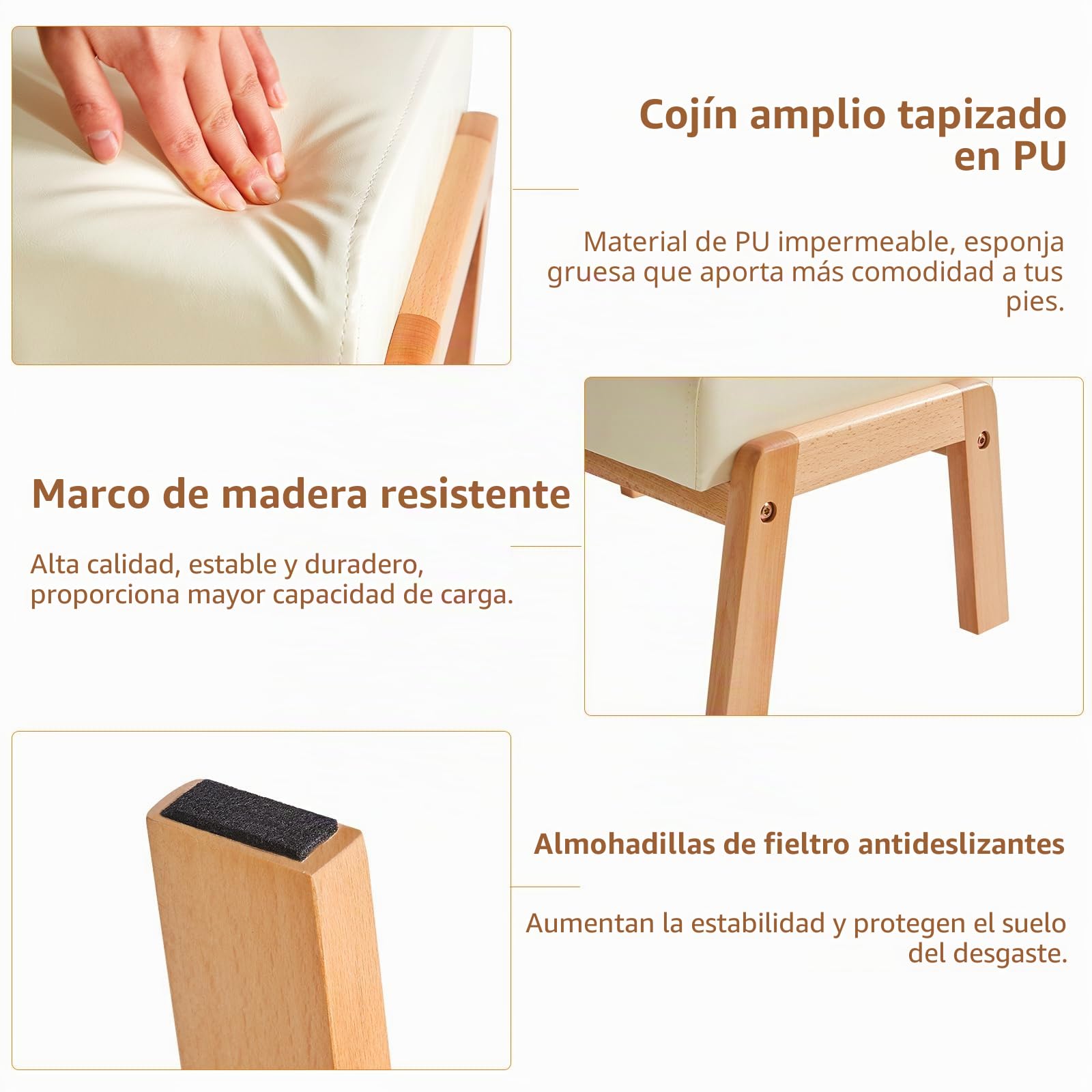 IBUYKE 10.2”H Pequeño Reposapiés Otomana, Rectángulo PU Cuero Reposapiés Taburete con Asiento Acolchado y Patas de Madera, Beige WBD013W