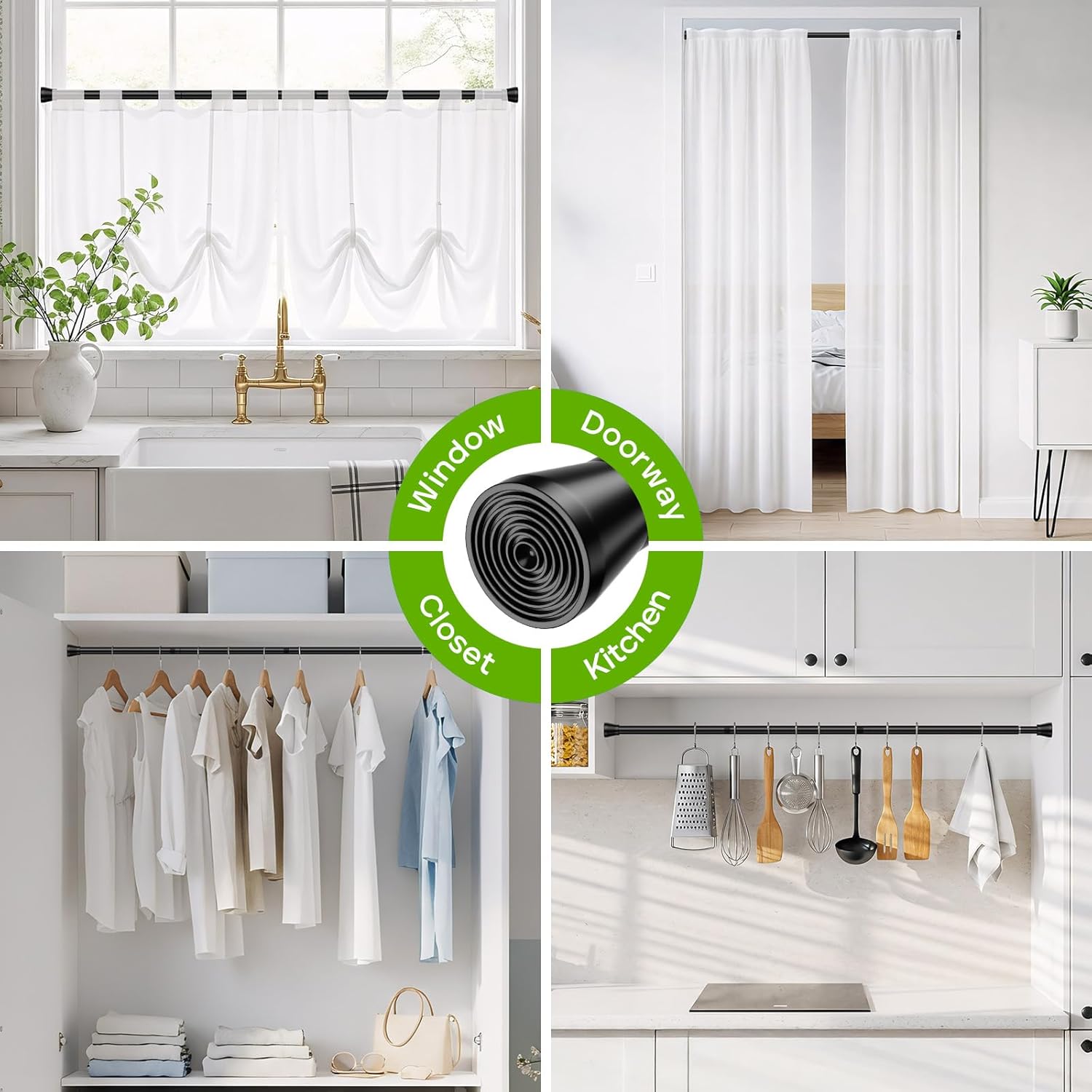 Spring Tension Rod 40-73 Inches No Drilling Adjustable Black Spring Loaded Curtain Rod Expandable Small Short Tension Curtain Rod for Windows,Kitchen,Doorway