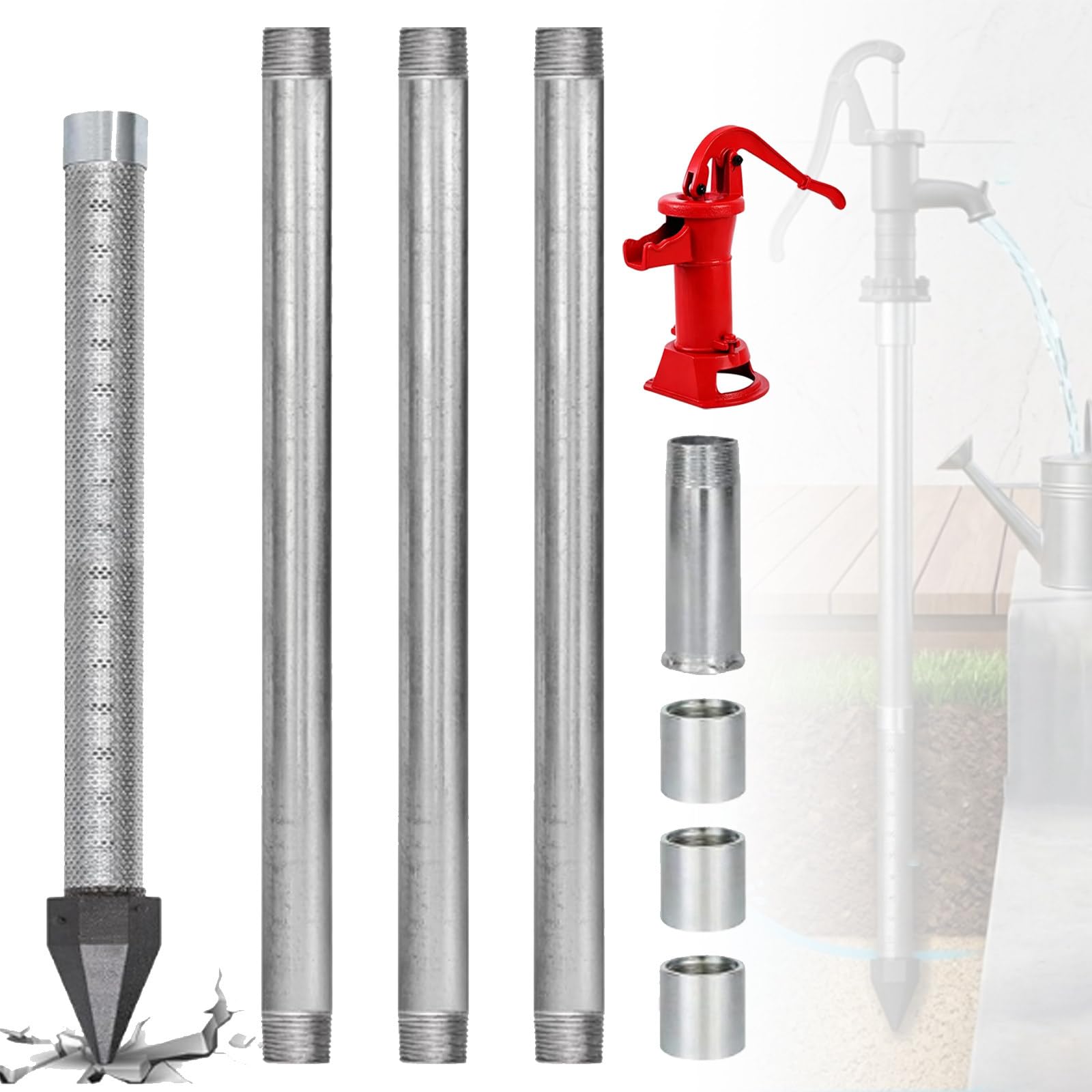 ZyKnaurral Heavy Duty Sand Point Well Kit, 1-1/4" Stainless Steel Water Well Drilling Kit, With 60 Gauge Mesh & 5 Galvanized Pipes, For Soft Soil, Loose Sandy Soil and Clay 4M-WithWaterPump