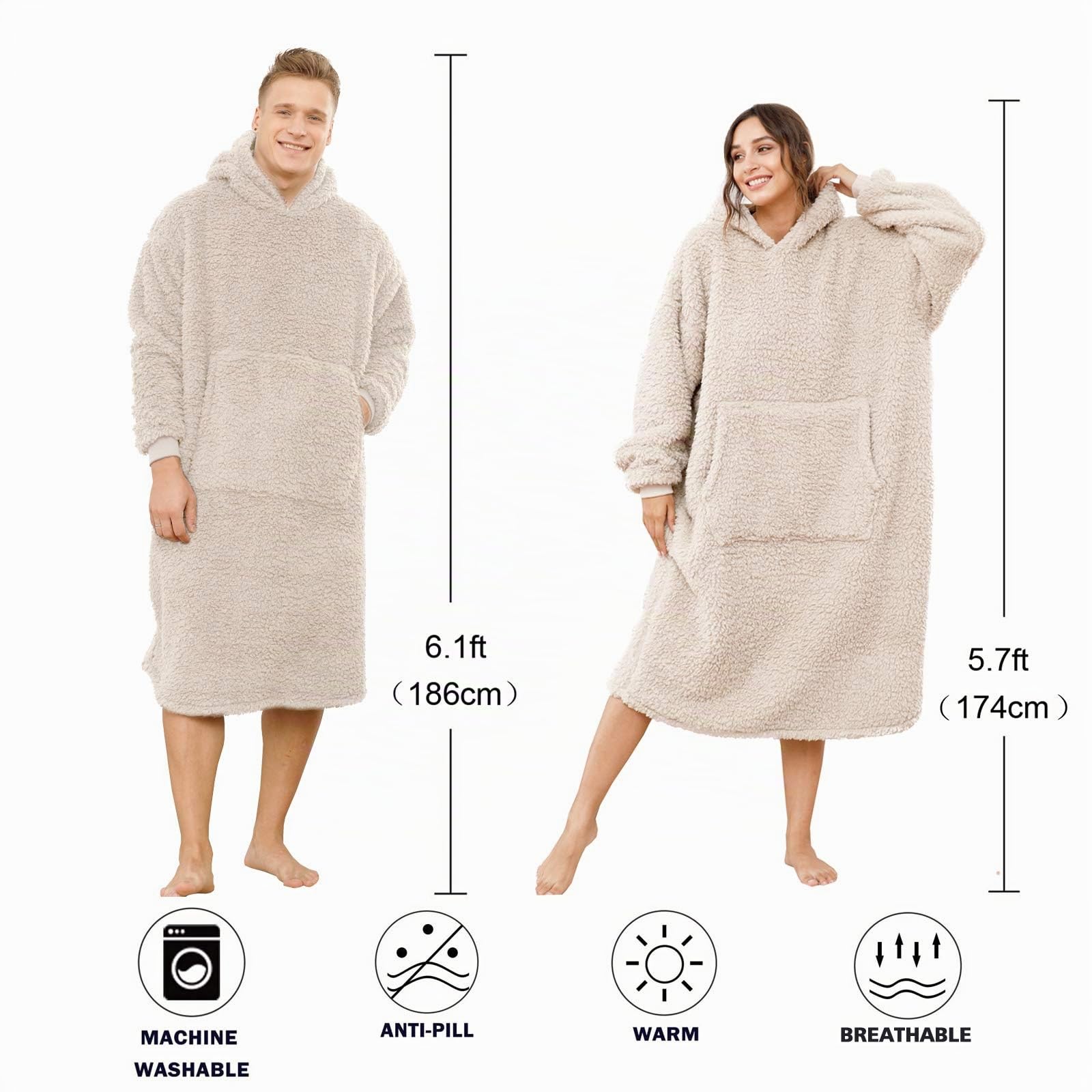 Übergroße Sherpa-Decke mit Kapuze für Damen und Herren, Lange Bequeme Sherpa-Decke, Sweatshirt, zotteliger Pullover, Plüsch, warm, gemütlich, Einheitsgröße