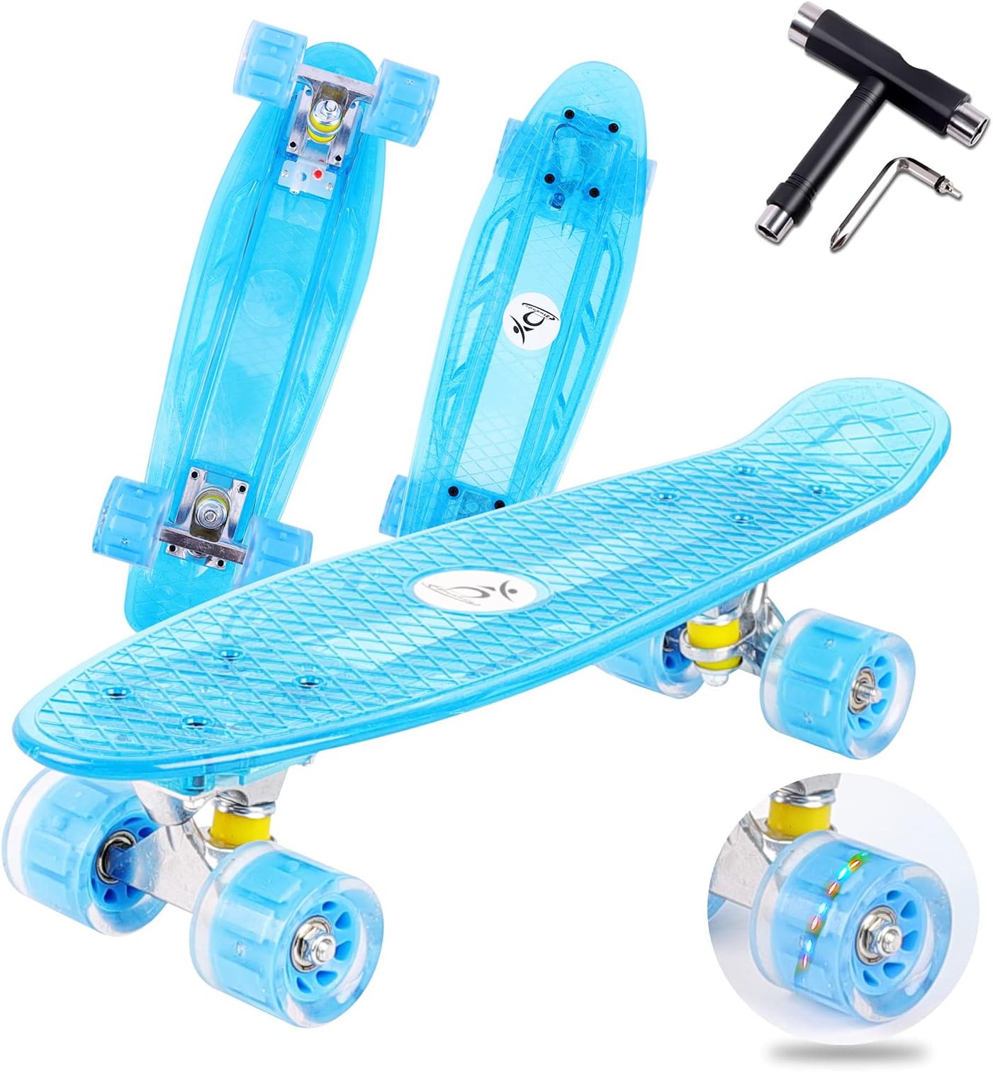 Colmanda Mini Cruiser Skateboard, 22" 55 cm Skateboard Complete Mini Cruiser with Flashing Wheels, LED Plastic Skateboard with ABEC-7 Bearings & T-Tool, Complete Cruiser Skateboard for Kids