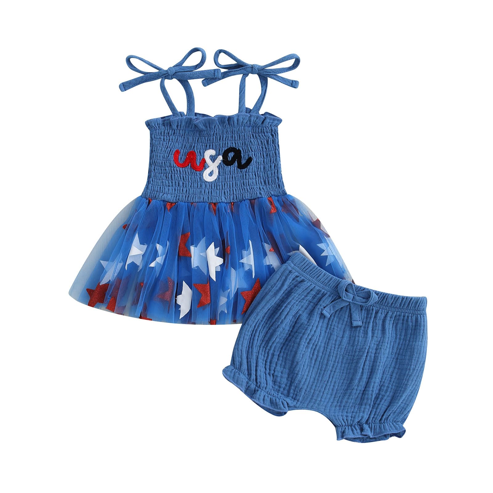 Lefyira Toddler Girl 4th of July Shorts Outfit Smocked Tank Tops Tie Shoulder Tulle Dress Ruffle Short Bloomers Linen Outfit (Blue, 2-3T)