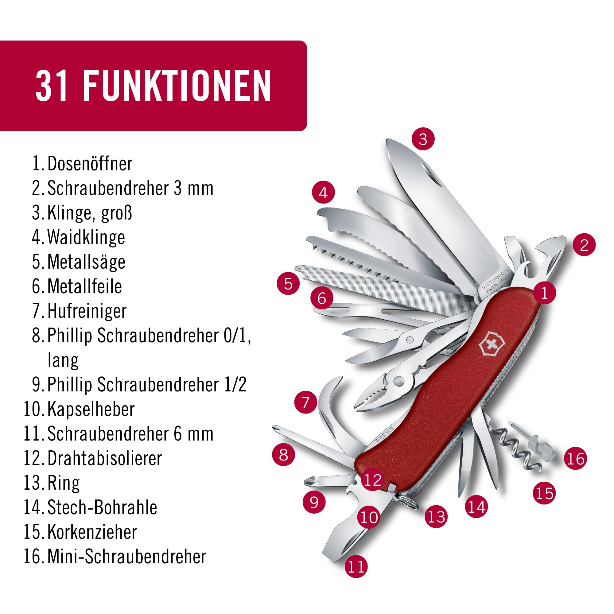 Victorinox Schweizer Taschenmesser, Work Champ XL, Multitool, Swiss Army Knife mit 31 Funktionen, Feststellklinge, Korkenzieher, Mini-Schraubendreher