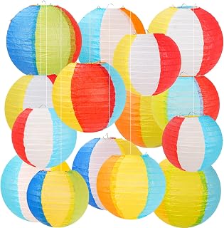 Pool Party Decorations Paper Lanterns - Colorful Hanging Round Paper Lanterns for Summer Beach Luau Theme Party Supplies (15 Pcs, Size of 5.9” & 7.87”)