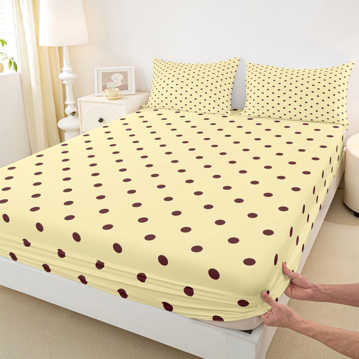 Yellow Kawaii Polka Dot Fitted Sheet Twin Size image 4