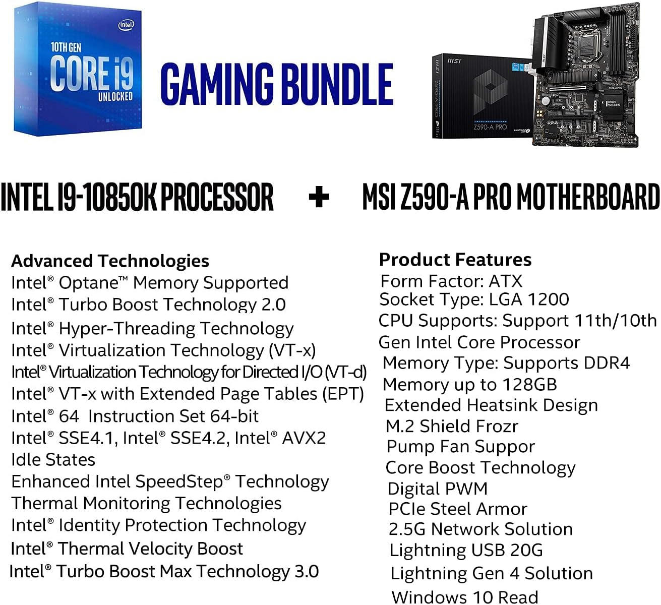 Micro Center Intel Core i9-10850K Desktop Processor 10 Cores up to 5.2 GHz Unlocked LGA 1200 DDR4 125W Bundle with MSI Z590-A PRO ATX Motherboard with PCIe 4 M.2 Slots USB3.2 Gen 2 Type C HDMI