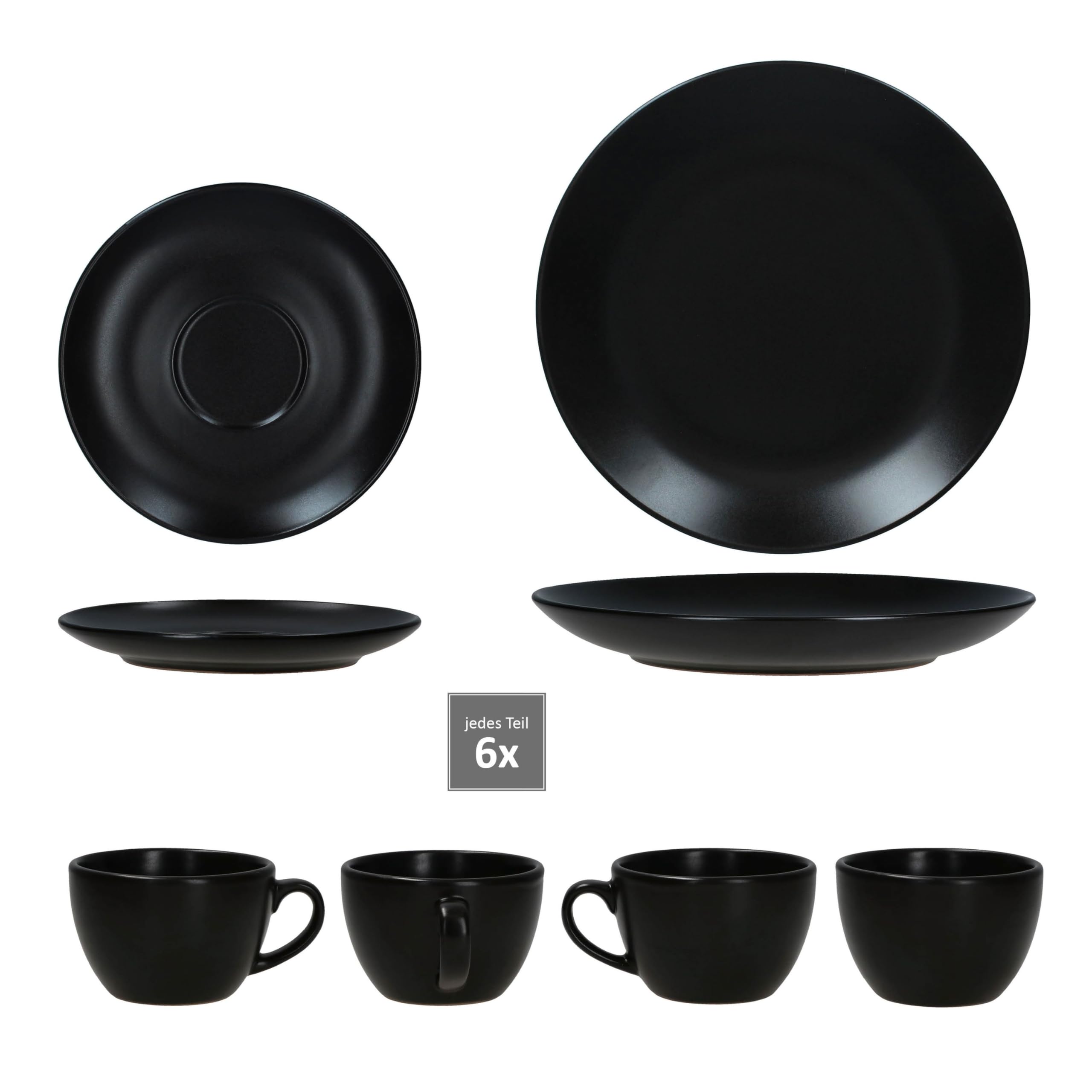 MamboCat Panther Servizio da caffè 18 pezzi, nero, set da caffè in gres opaco per 6 persone, 6 tazze da caffè da 160 ml, piattini e piatti da torta, eleganti stoviglie per colazione e caffè