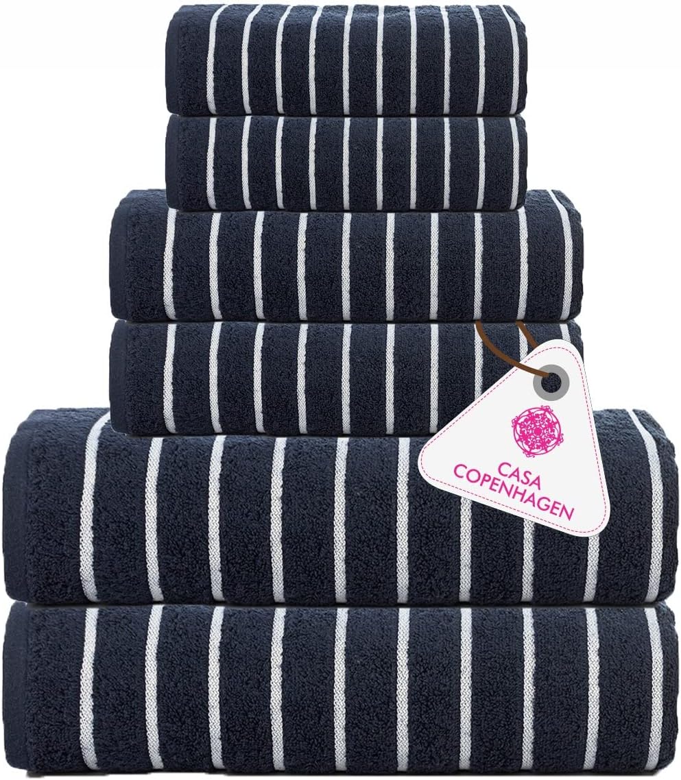CASA COPENHAGEN Ecstatic 6 Pieces Towel Set- Navy Blue, 600 GSM 2 Bath Towel 2 Hand Towel 2 Washcloth, Designed in Denmark Made of Soft Egyptian Cotton for Bathroom, Kitchen & Shower