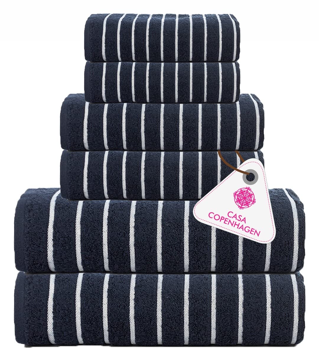 CASA COPENHAGEN Ecstatic 6 Pieces Towel Set- Navy Blue, 600 GSM 2 Bath Towel 2 Hand Towel 2 Washcloth, Designed in Denmark Made of Soft Egyptian Cotton for Bathroom, Kitchen & Shower