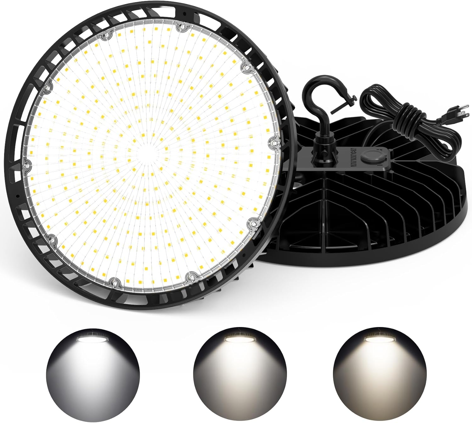 2Pack LED High Bay Light 240W 200W 150W Adjustable with AC120V Plug, Dimmable UFO High Bay LED Shop Light 4500K 5000K 5700K Selectable, Commercial Bay Lighting for Garage Warehouse, ETL&DLC Listed