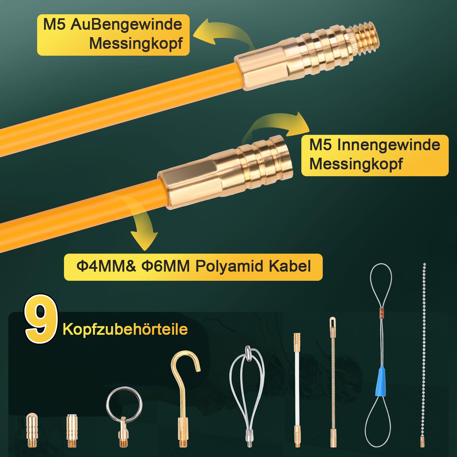 Câble de 12 m, 12 barres, 4 barres x 100 cm x 4 mm, spirales de rétraction, 8 tiges de 100 cm x 6 mm avec 9 adaptateurs pour tuyaux vides pour la pose de câbles