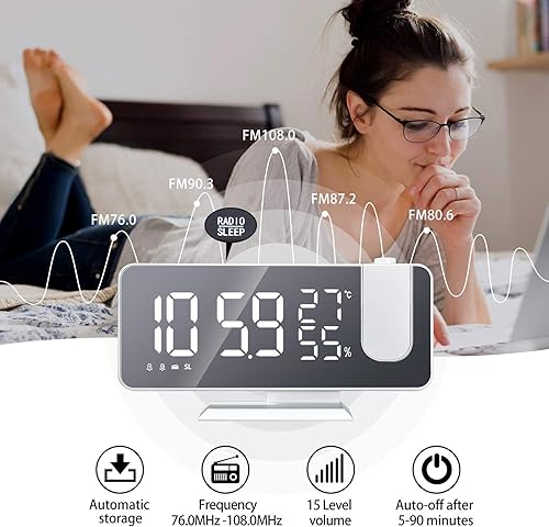 Miniatura 10 de Reloj despertador de proyección Dormitorio Techo Reloj de radio digital con cargador de teléfono móvil USB Reloj despertador dual LED Pantalla