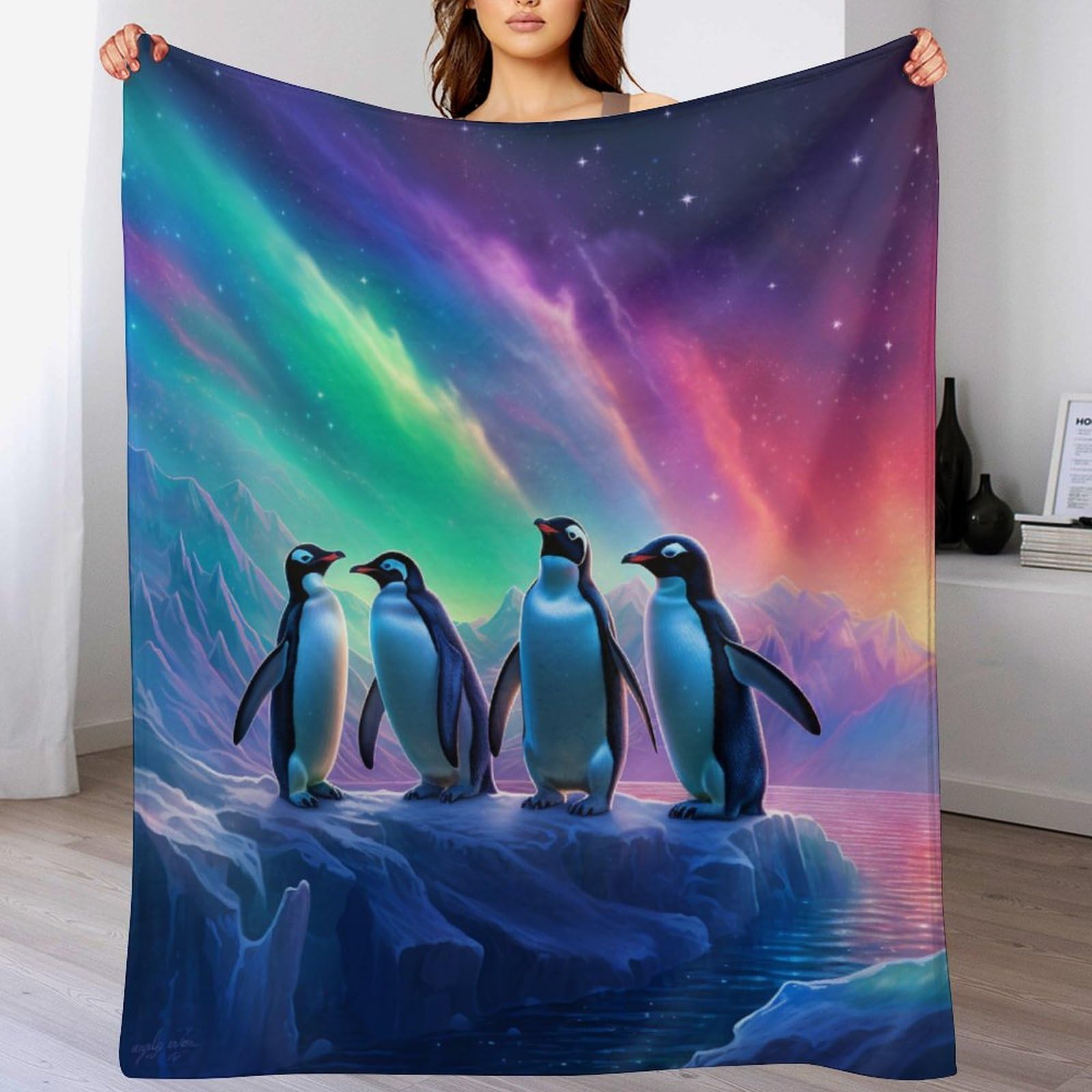 PAZZK Penguin Blanket Throw Collection - Flannel Sofa Versatile Blanket Gift Fluffy Soft Throw for Bed And Couch Travel For Kids Girls（100×130cm）