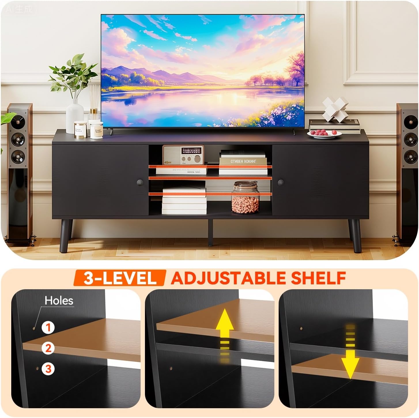 FDW TV Stand for 55 60 Inch TVs,Entertainment Center with 2 Storage Cabinets and Open Shelves, Modern Media Console Table for Living Room, Bedroom, Home Office,Black