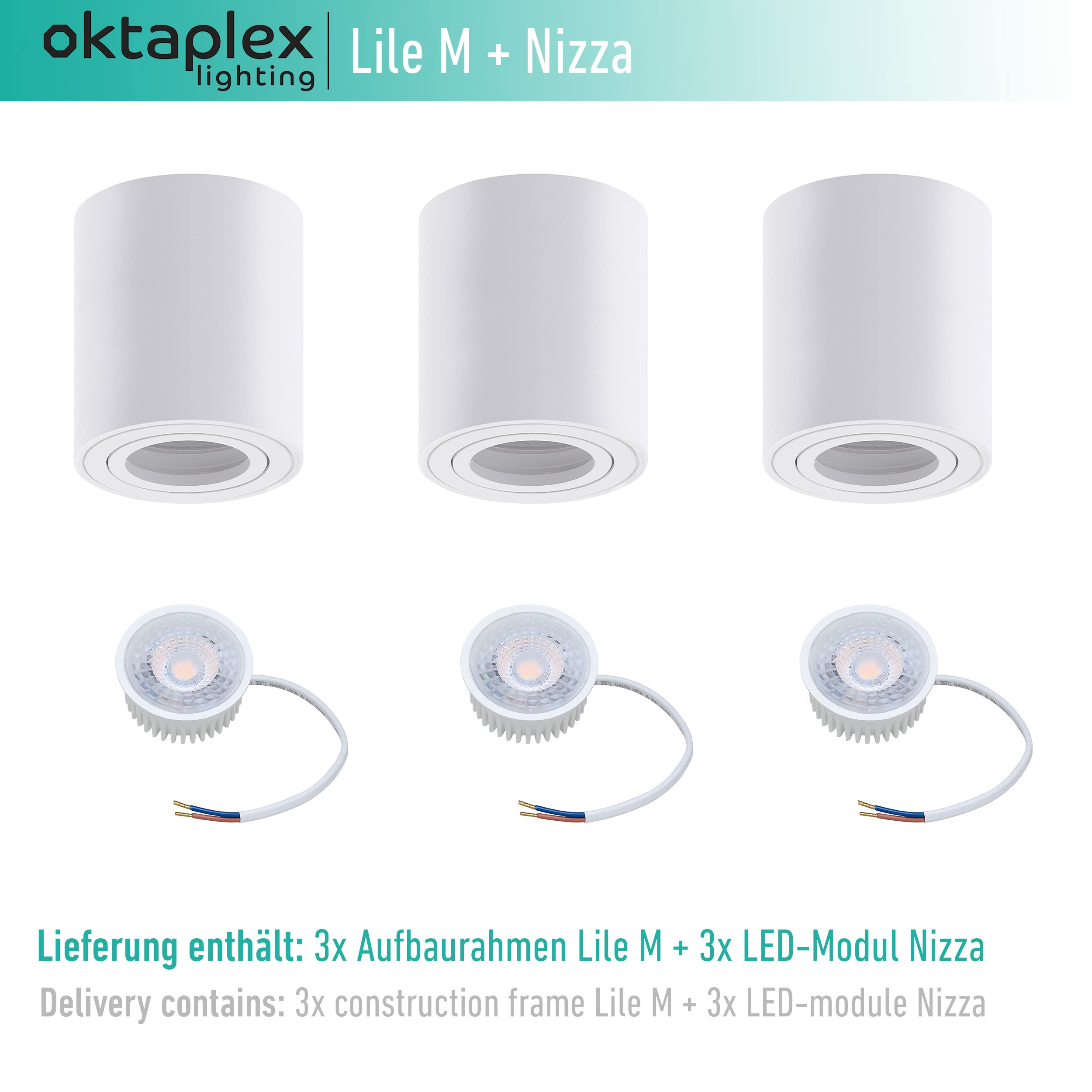 Oktaplex 3 Stück Aufbaustrahler Lile M Weiß inkl. LED Modul 4,8W 380lm