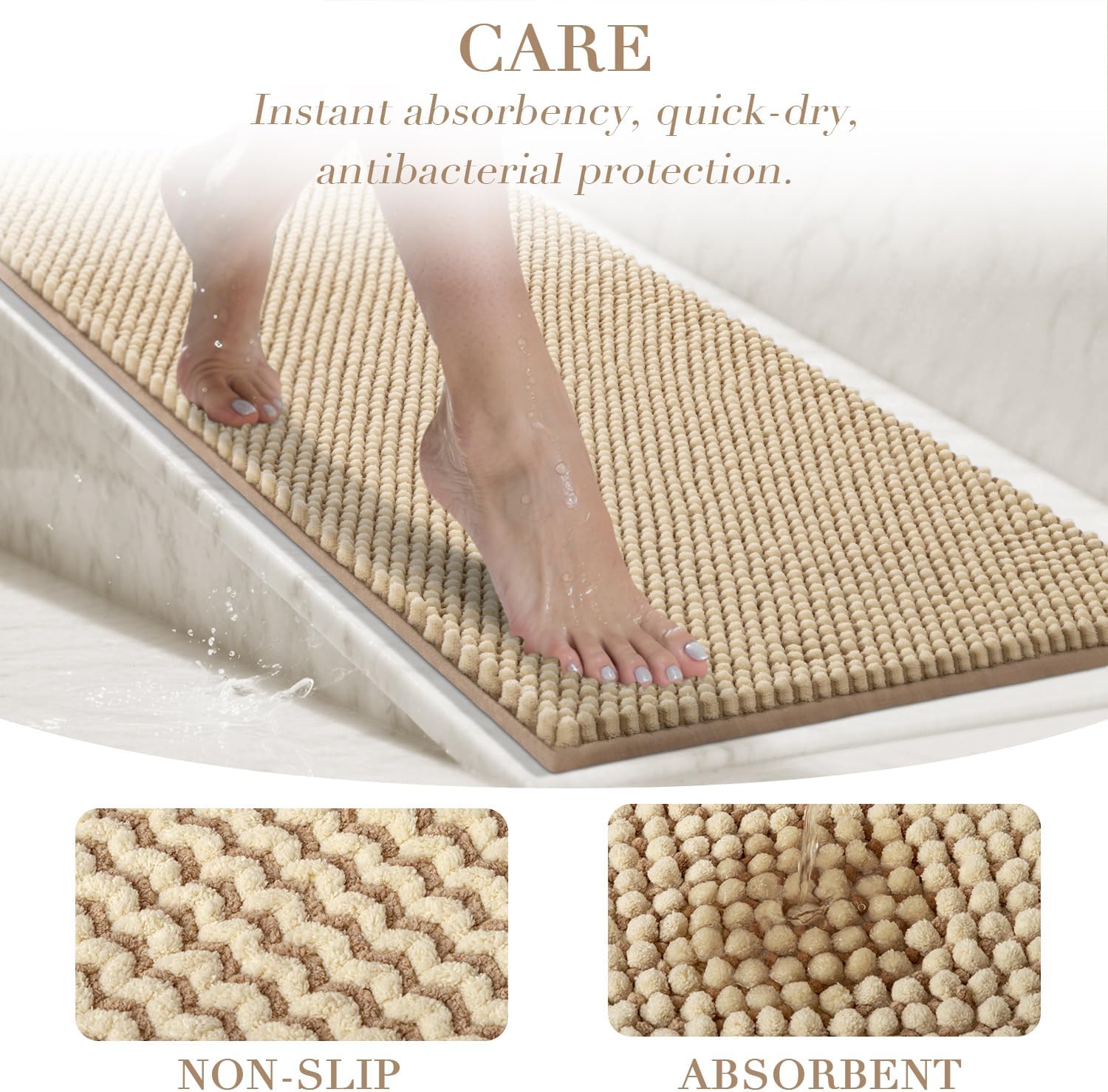 BSICPRO Bathroom Rugs Set 2 Piece-Chenille Bath Mats Non Slip-Thick Soft Absorbent Boho Bath Rug-Shower Floor Mat Machine Washable-Bathroom Decor Accessories (Beige, 20" x 47" Plus 20" x 32")