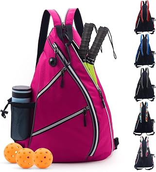 Pickleball Bag   Sling Backpack for Women & Men | Holds 4 Paddles & 12 Balls | Reversible Shoulder Strap | Fence Hook | Water Bottle Holder | 600D Waterproof Sports Bag for Pickleball Court