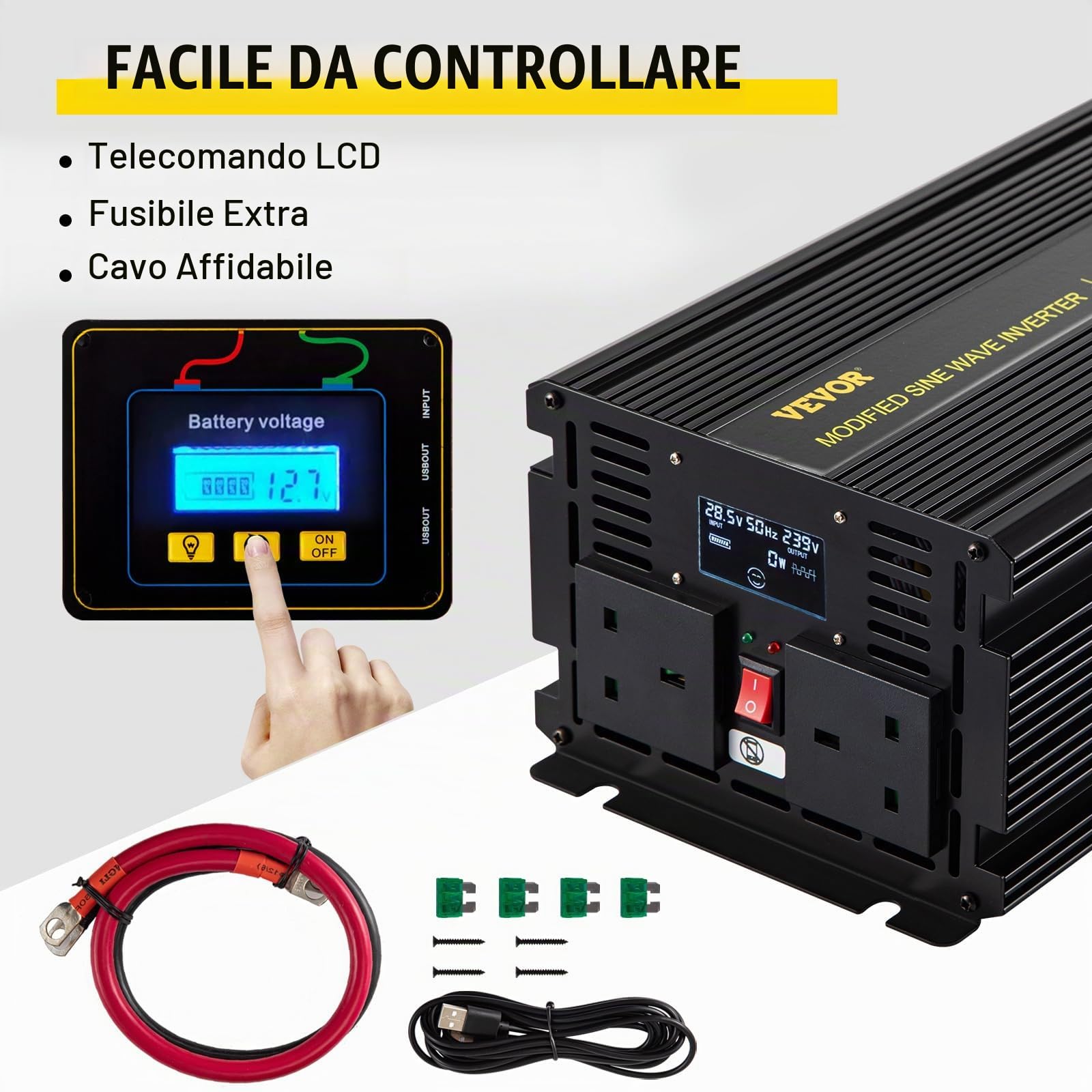 VEVOR Invertitore Onda Sinusoidale Modificata Tensione da 24V CC a 240V CA Trasformatore Modificata Potenza 2000W a 4000W, Inverter Onda Modificata con Display LCD, Telecomando LCD