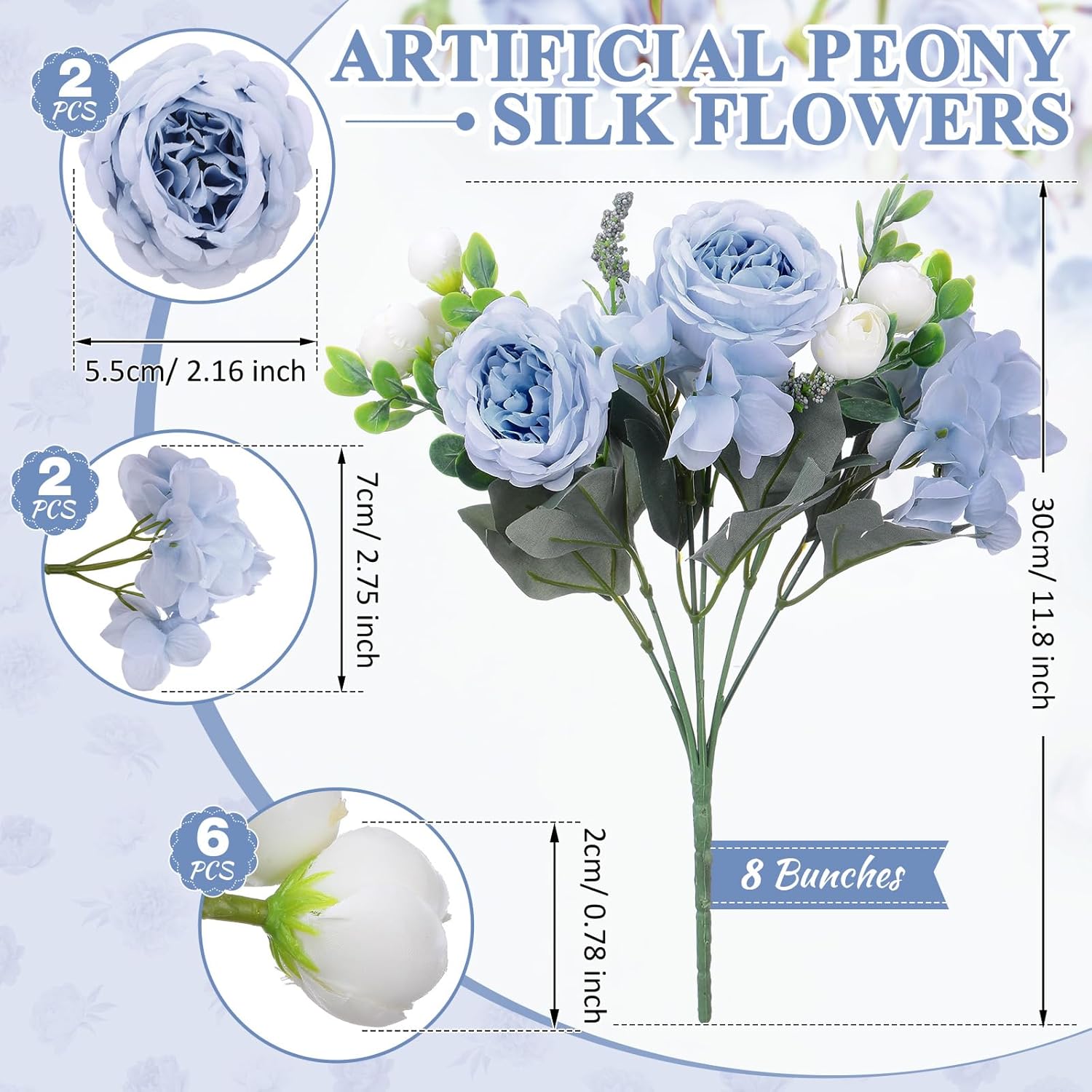 Yunsailing 8 Packs Artificial Peony Flowers Faux Silk Hydrangea Bouquet Vintage Wedding Home Table for Door Decor Reusable Bouquet of Rose Flowers for Valentine Wedding Birthday Party(Blue White) - Image 2