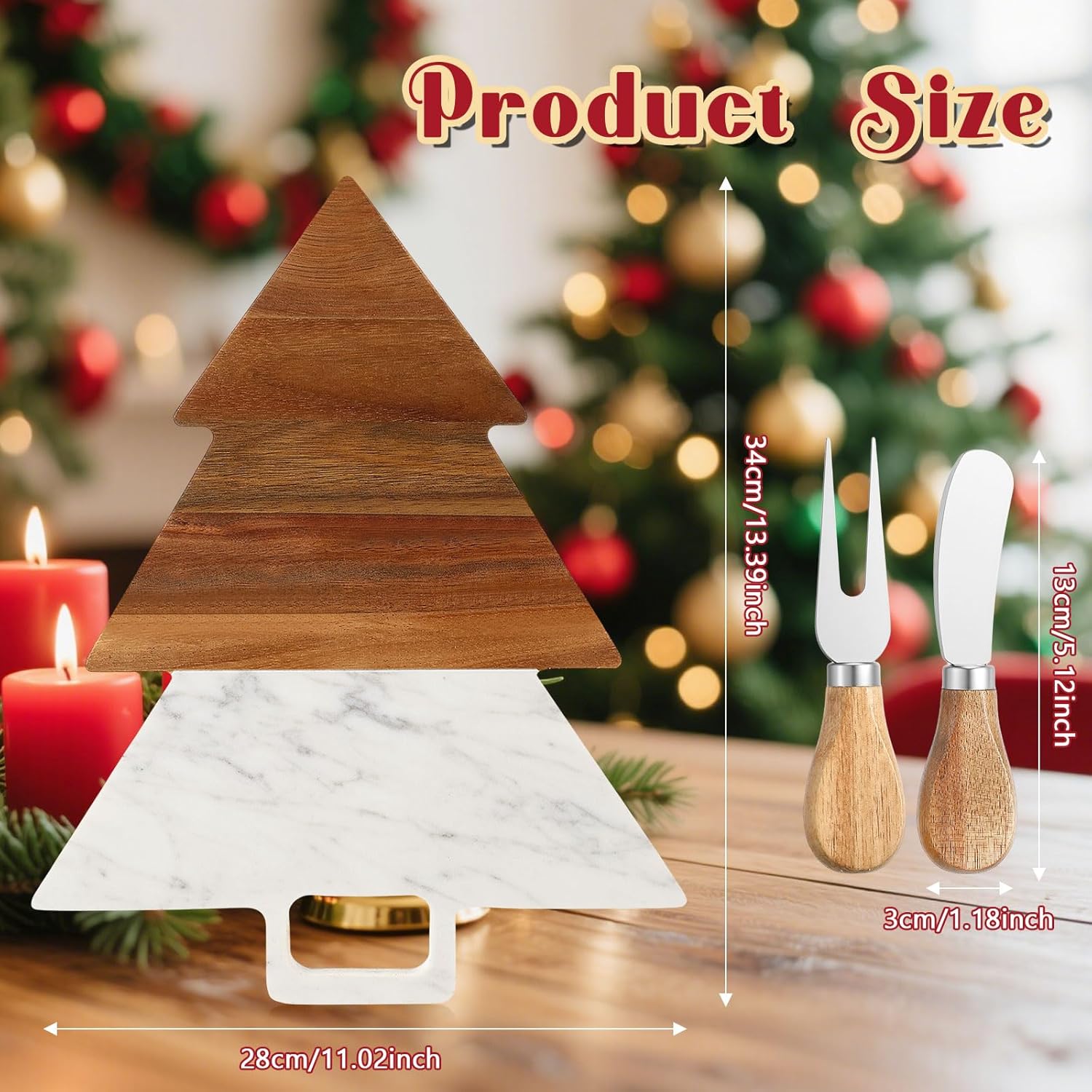 Christmas Tree Shaped Marble Charcuterie Cutting Serving Board with Cheese Utensils Cutting Board with Marble and Natural Wood for Kitchen Wedding Anniversary Bridal Shower Housewarming Gift
