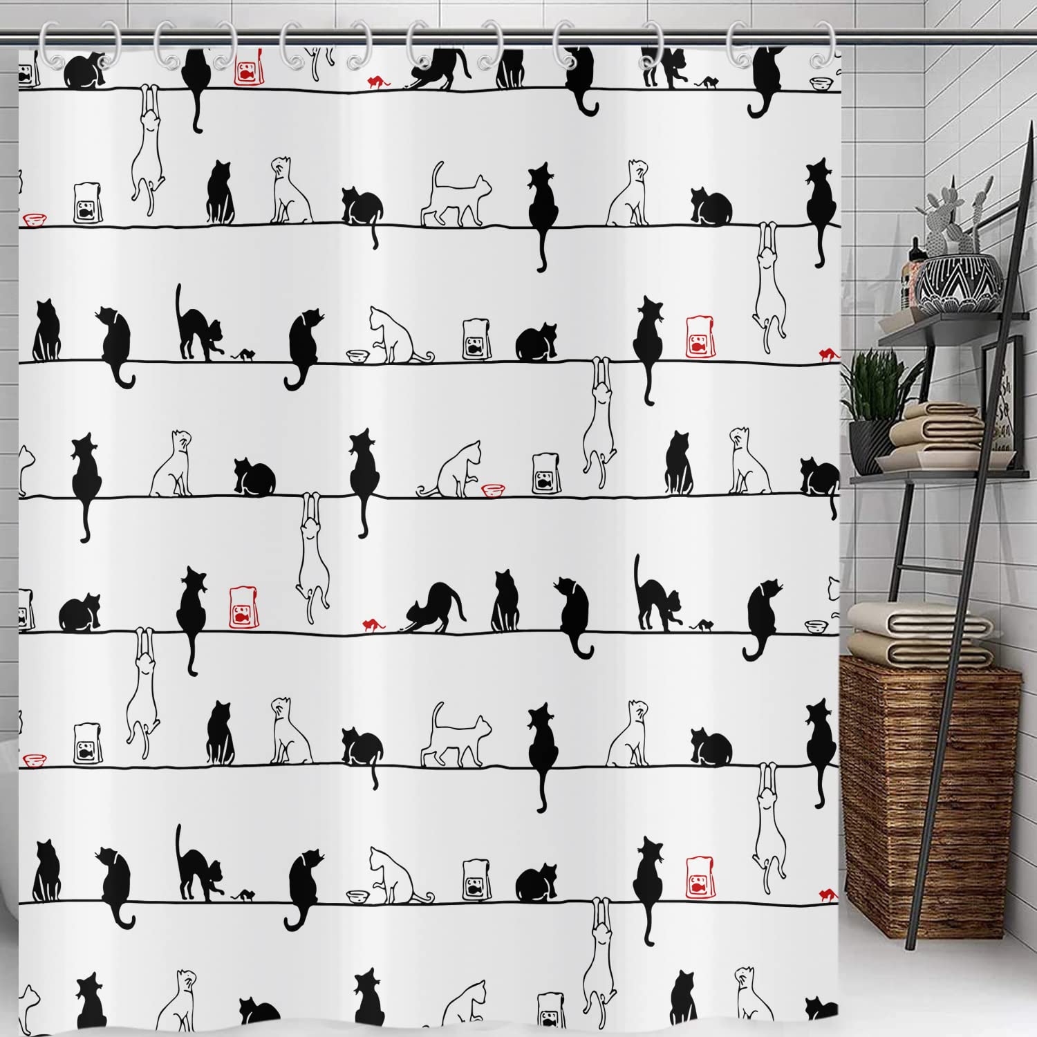 Hnmdmyi Funny Cat Shower Curtain 120x180, Black and White Shower Curtains Abstract Kitty Silhouette Black Cat Pet Cute Kids Bathroom Curtains Waterproof Polyester Fabric Washable Bath Curtains