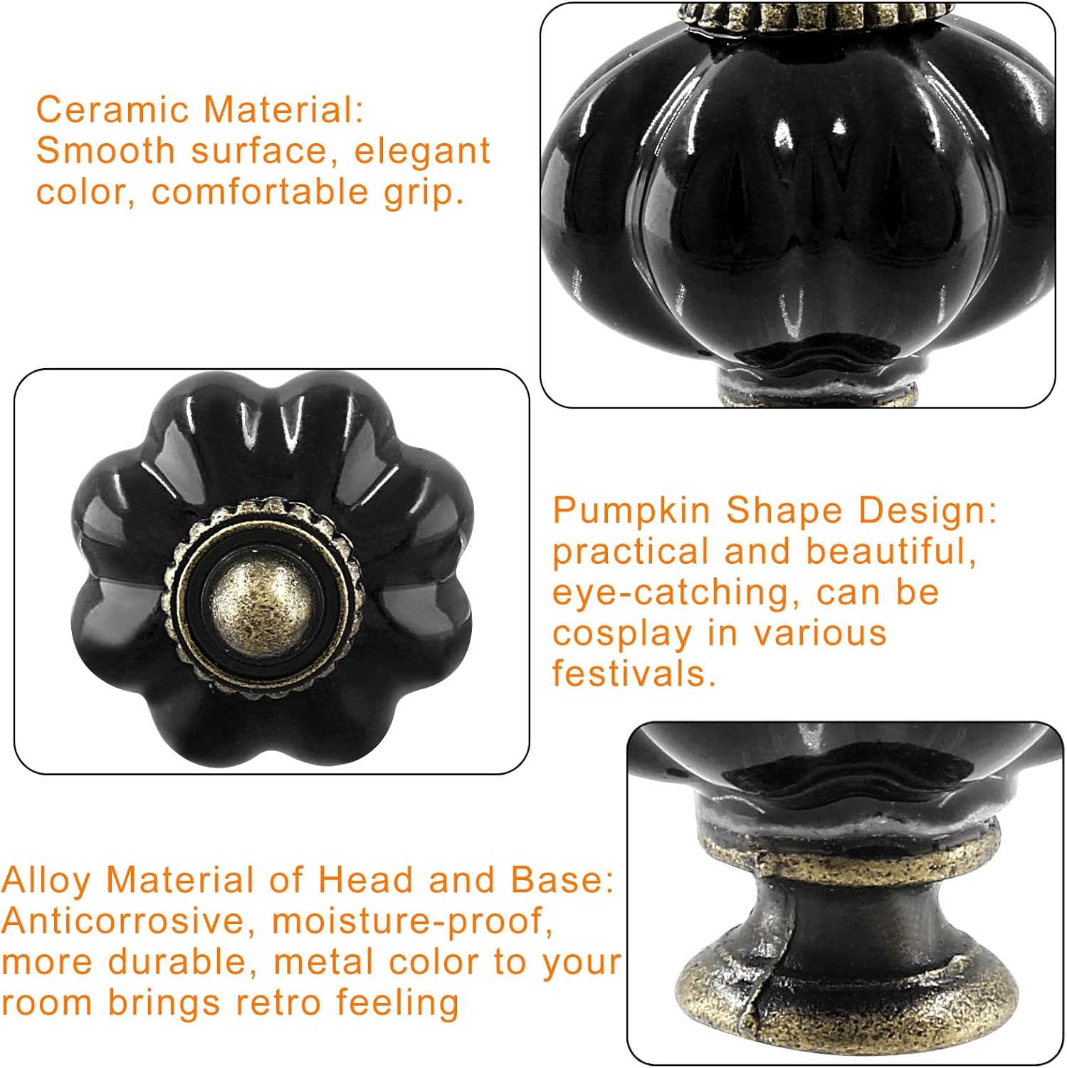 10Pcs Pumpkin Knobs,Vintage Ceramic Knobs for Cabinet and Drawers,Black Dresser Knobs with Mounting Screws, Mini Closet Door Knobs Pull Handles for Decor