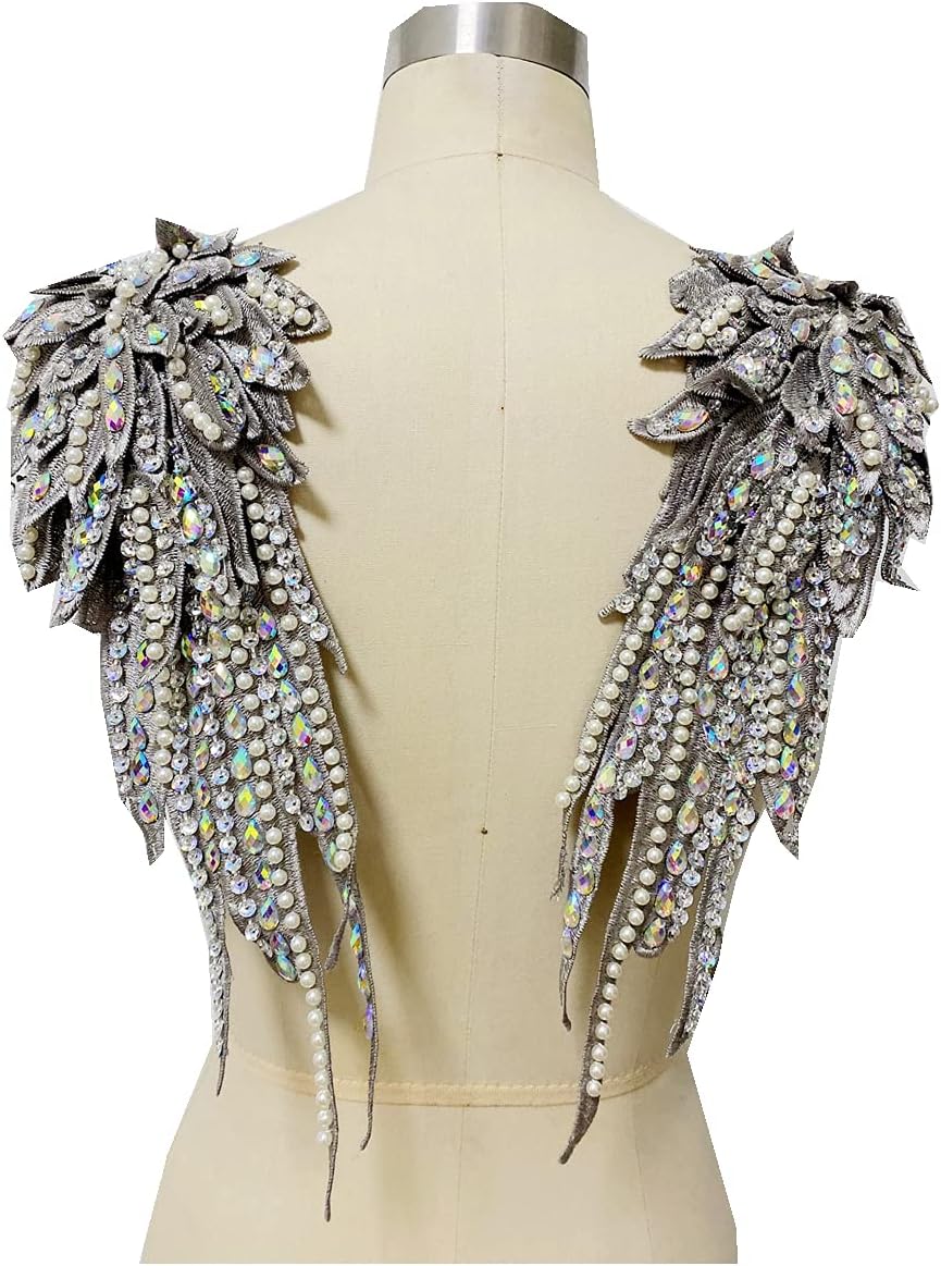 Zbroh Handmade 18 Colour Sew on Rhinestones Pearl Lace Applique Handsewing Beads Trim Patches for Dress Clothes Accessory (Gray)