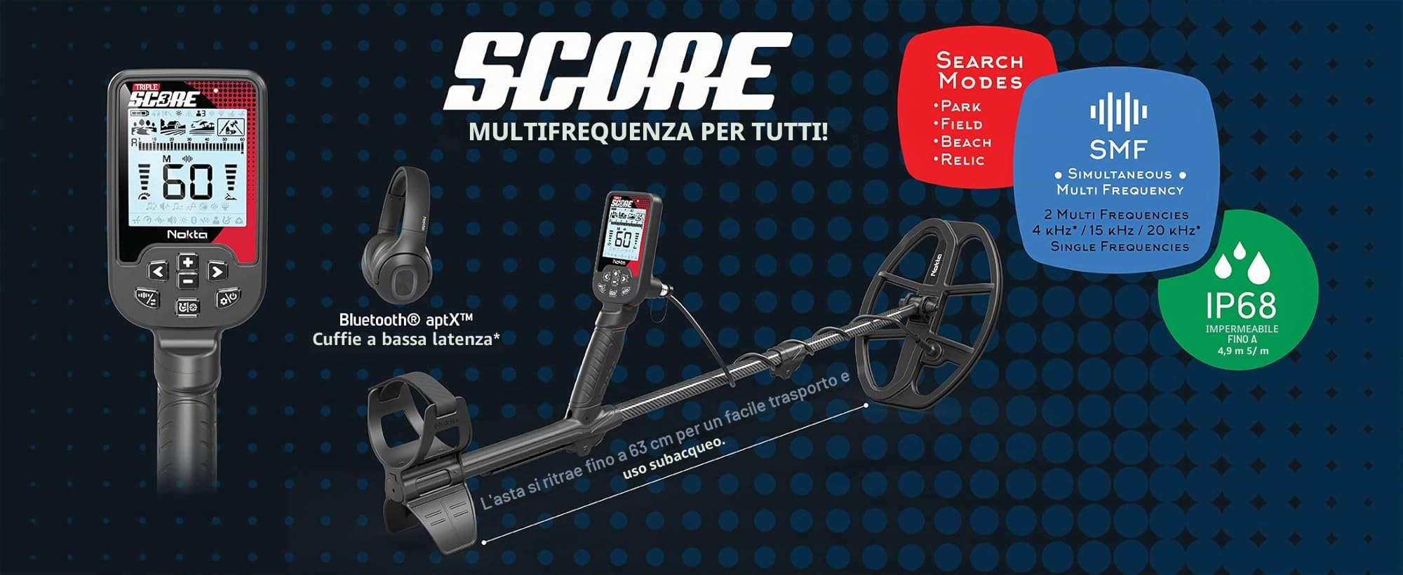 Nokta Triple Score PRO Pack Metal Detector per adulti, completamente impermeabile, ricaricabile, multifrequenza, facile da usare, con accessori e 4 modalità di ricerca