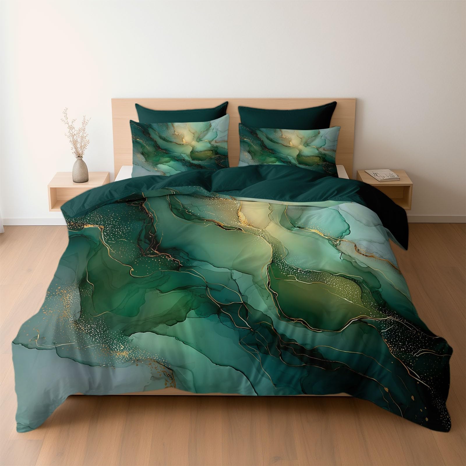 Housses de couettes motif marbre vert fonc&eacute; pour chambre parentale chic