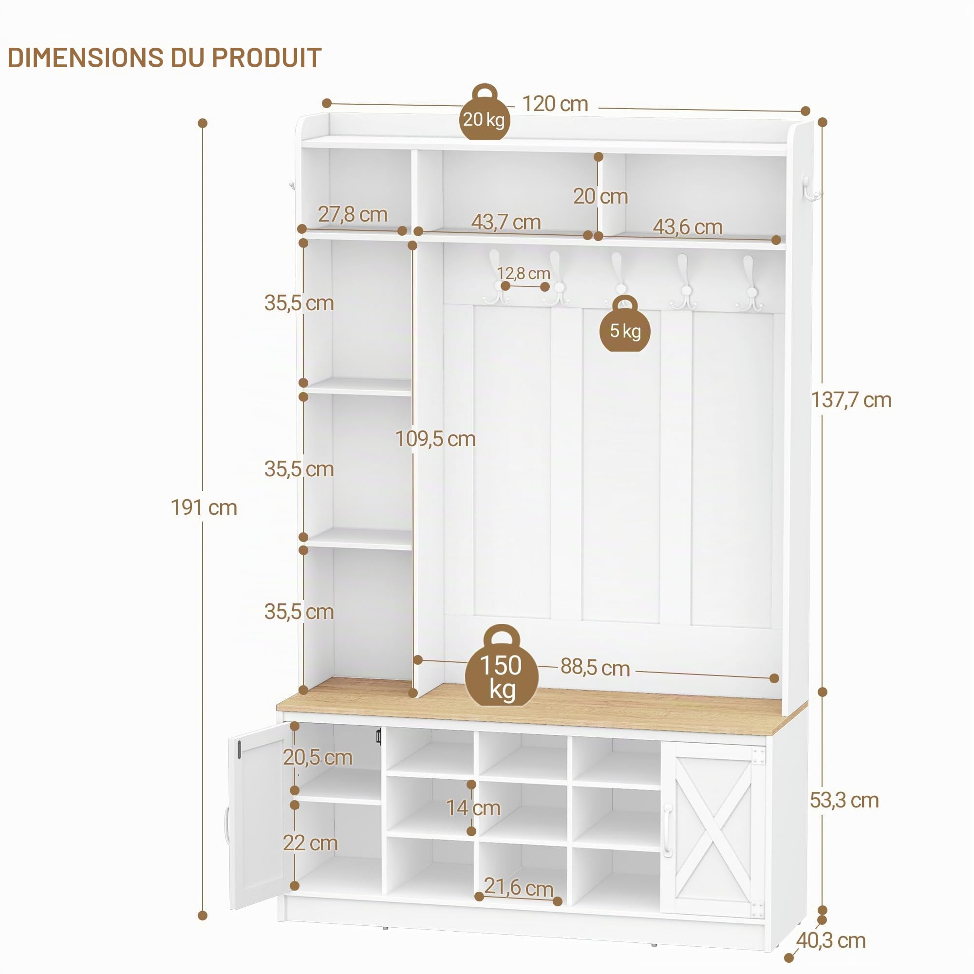 Hzuaneri Porte-Manteau avec Banc à Chaussures, LED, Blanc-Jaune | Meuble d'Entrée, Vestiaire, 7 Crochets, Étagères Réglables, pour Entrée, Couloir, 40,3 x 120 x 191 cm, HT24603XEU
