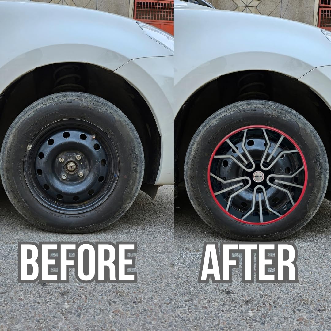 PRIGAN 14 Inch Black Silver Red Wheel Cover for All 15 Inch Cars (Avialable in 14 & 15 Inch) (Set of 4 Pcs) (Press Fitting) Model- Magic-3colour-14