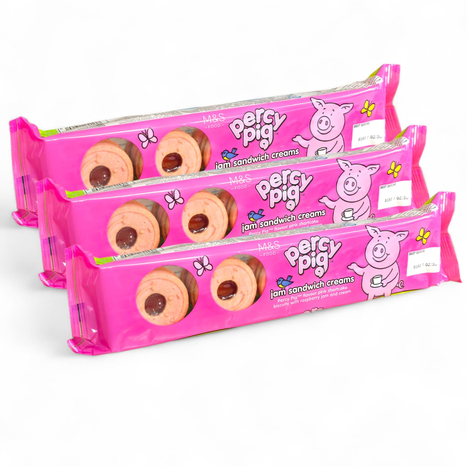 M&S Percy Pig Jam Sandwich Creams Biscuits with Raspberry Jam Marks & Spencer 150g - 3 Pack in a Premier Life Store Box