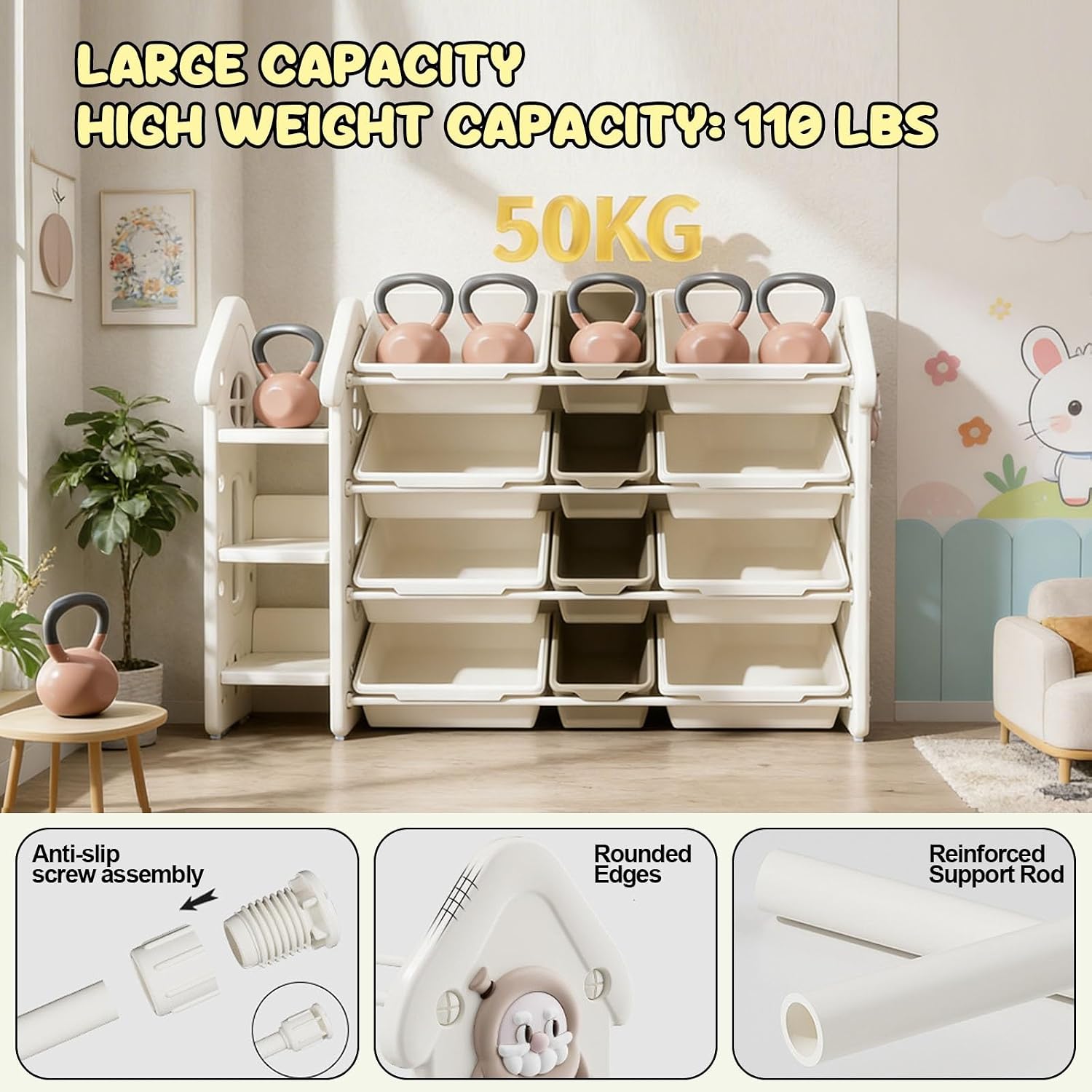 4-Tier Toy Storage Organizer Kids Bookshelf with 3 Shelves and Storage Bins Children's Storage Cabinet Organization Easy to Assemble(White,46.4 * 13 * 32.7in)