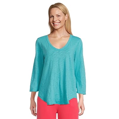 Mod o doc 3/4 Sleeve V Neck T Shirts with Curved Hem Women
