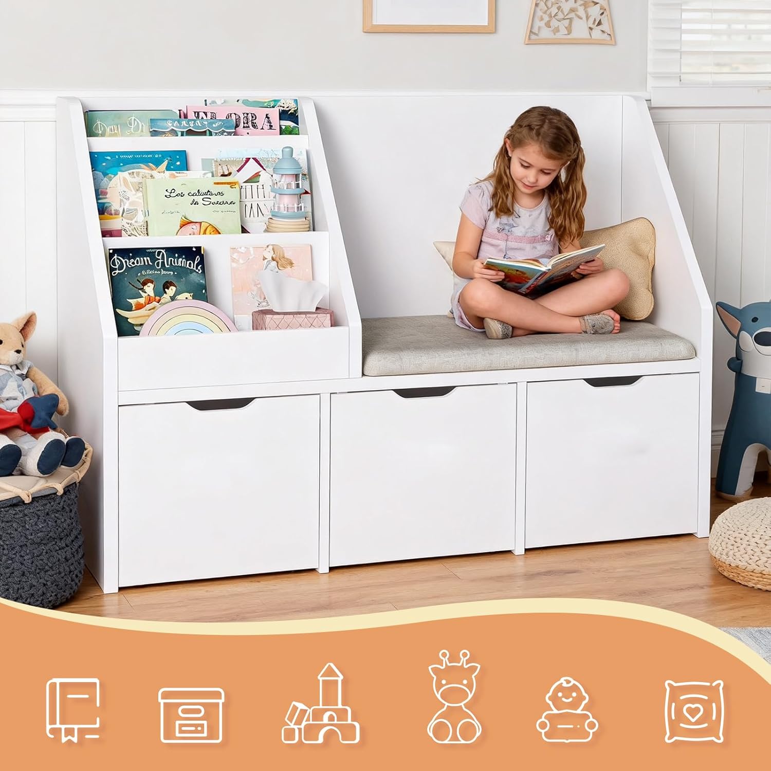 Teckid White Kids Bookshelf and Toy Storage with Reading Nook, Cushioned Bench, 3 Movable Drawers and Hidden Wheels for Playroom and Bedroom - Image 5