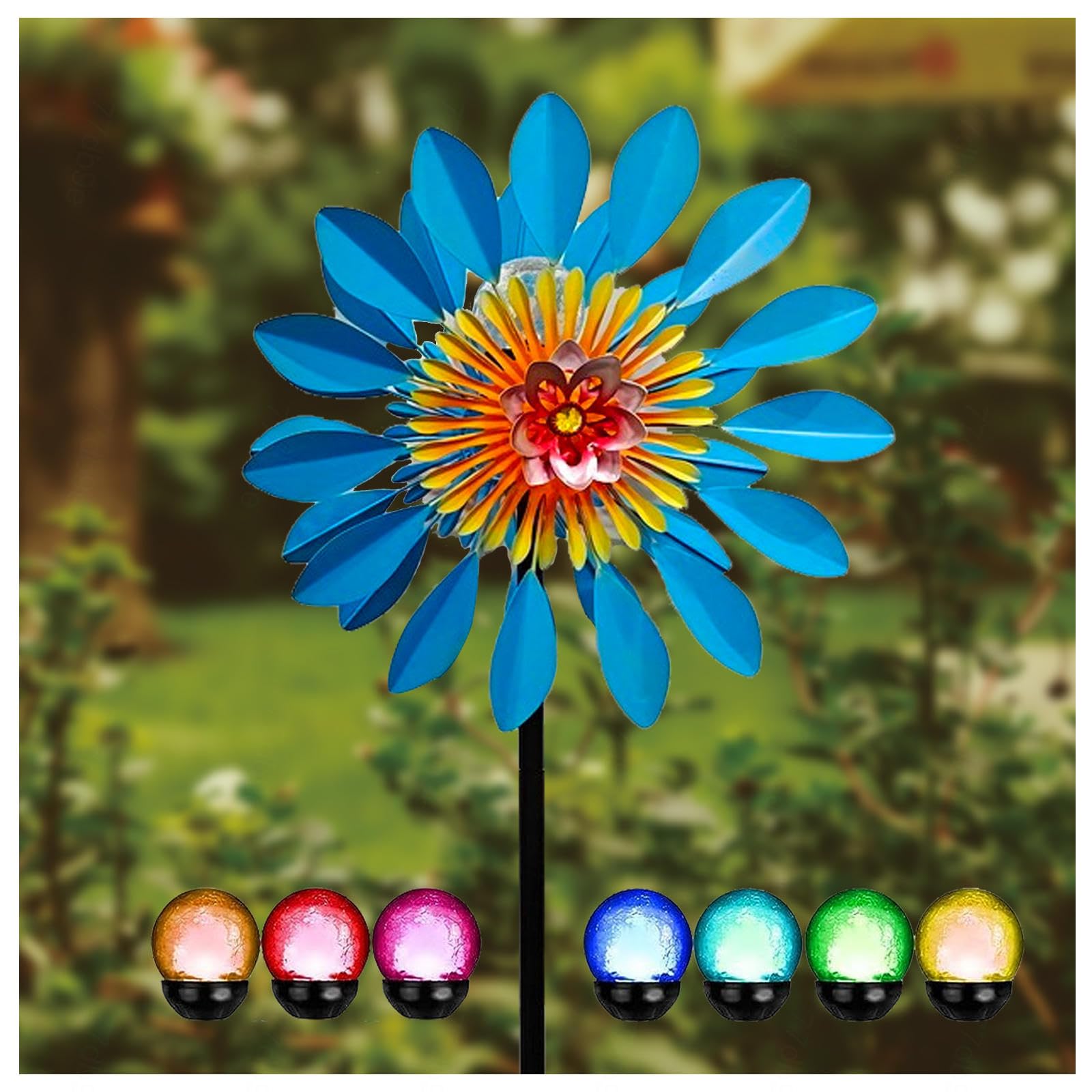 Girandola Da Giardino All'Aperto, Decorazioni Per Cantieri Eolici 190x42cm,Sfera Di Vetro Ad Energia Solare Con Cinetica Acchiappavento,Blue