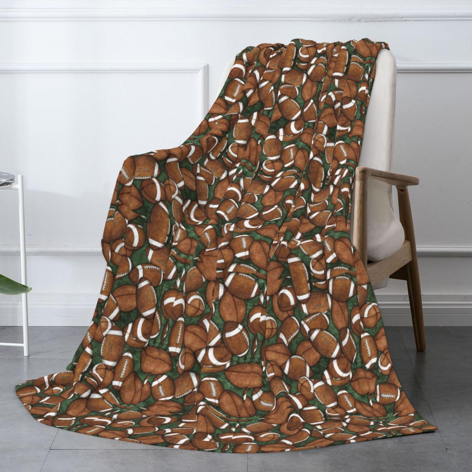 Couverture en flanelle imprimée vert football 178 x 203 cm, couverture d'hiver chaude pour camping ou voyage