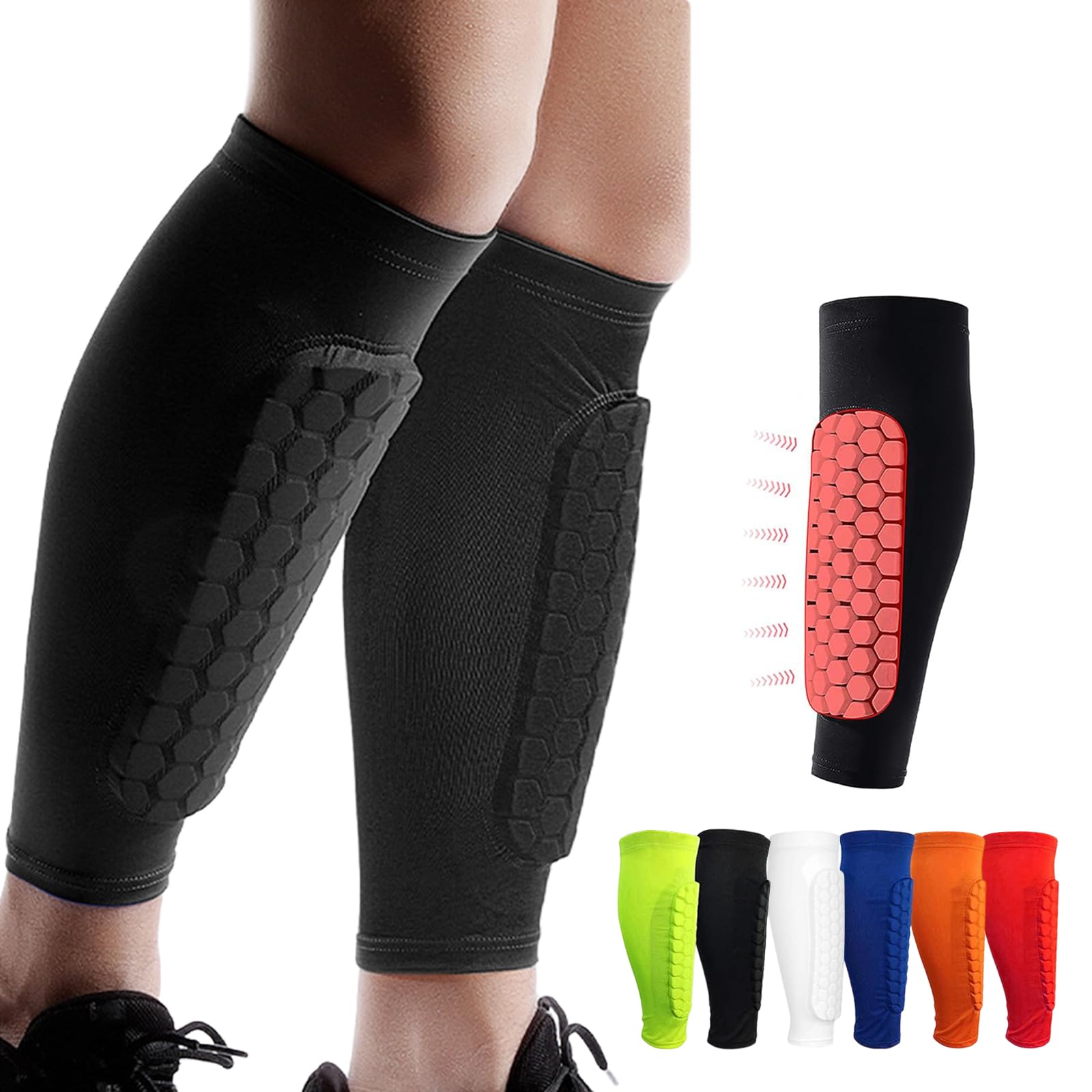 Shindefender Shin Guards Pads, Honeycomb Compression Sleeve Football Shin Guards for Boys, Teenagers and Adults, Soccer Defender Pads with Superior Impact Absorption, Lightweight (Black, XS) — image 1