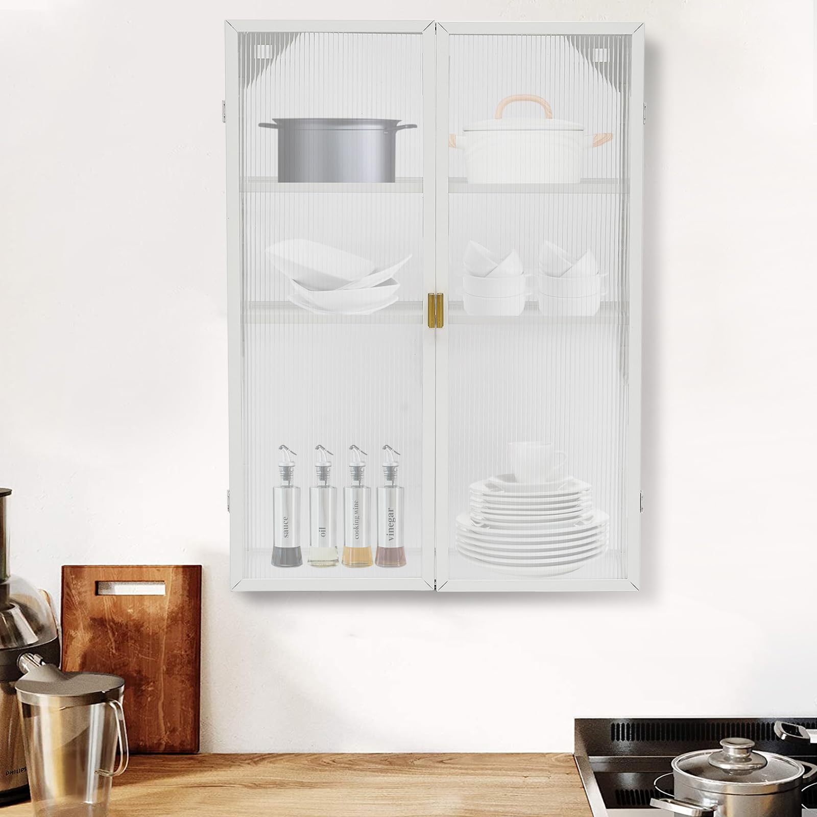 DUTTIETY White Wall Cabinet with Door, Retro Style Double PC Wall Cabinet Wall Cabinets with Adjustable Shelf for Storage Solutions in Bathrooms,