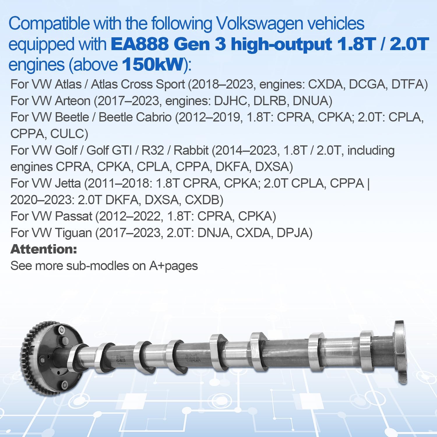06L109021H Intake Camshaft w/Control Valve FIts for Audi A3 A4 A5 A6 A7 Q5 TT Q3 Q7 A8 S3 S4 S5 S6 S8 2015-2023, Fits for Beetle Arteon Golf Jetta Passat Tiguan 1.8T 2.0T EA888 Gen 3
