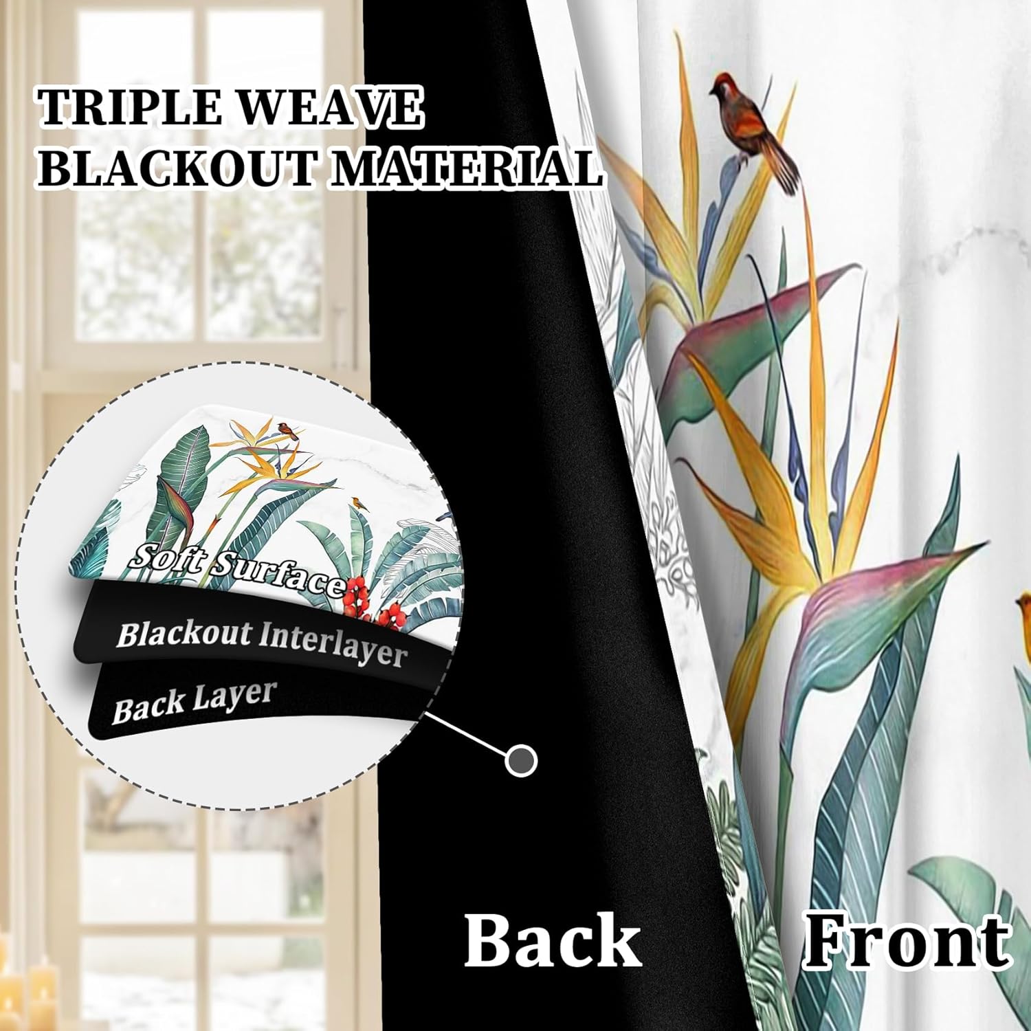 AOFOTO Tropical Birds and Plants Bedroom Blackout Curtains, Paradise Garden Botanical Exotic Floral Hummingbirds Print Home Decor Window Treatment Set Thermal Insulated Drapes 53x84 Inches, 2 Panels