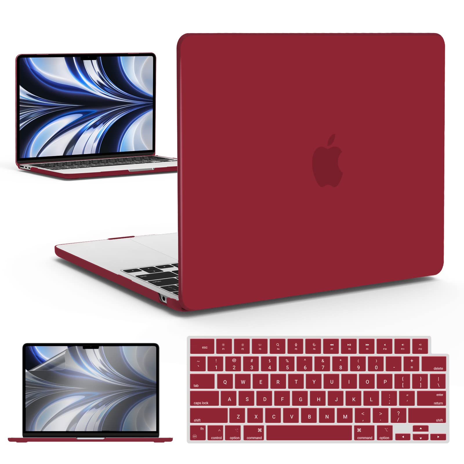 IBENZERCompatible with 2025 2024 2023 2022 MacBook Air 13 inch Case M3 A3113 M2 A2681, Hardshell Case & KeyboardCover & ScreenFilm for Mac Air 13.6 with Touch ID, Wine Red, KK-WR+2