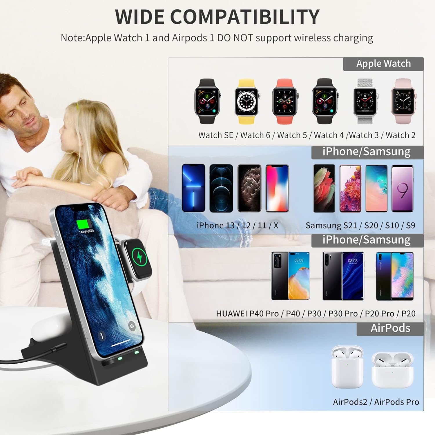 Wireless Charger, 3 in 1 Wireless Fast Charging Stand Dock for Apple Watch 6/5/4/3/2, Airpods 2/Pro, iPhone 13/13 Pro/13 Pro Max /12/11/Pro/Pro Max/X/Xr, and Other Qi-Certified Phones-Black