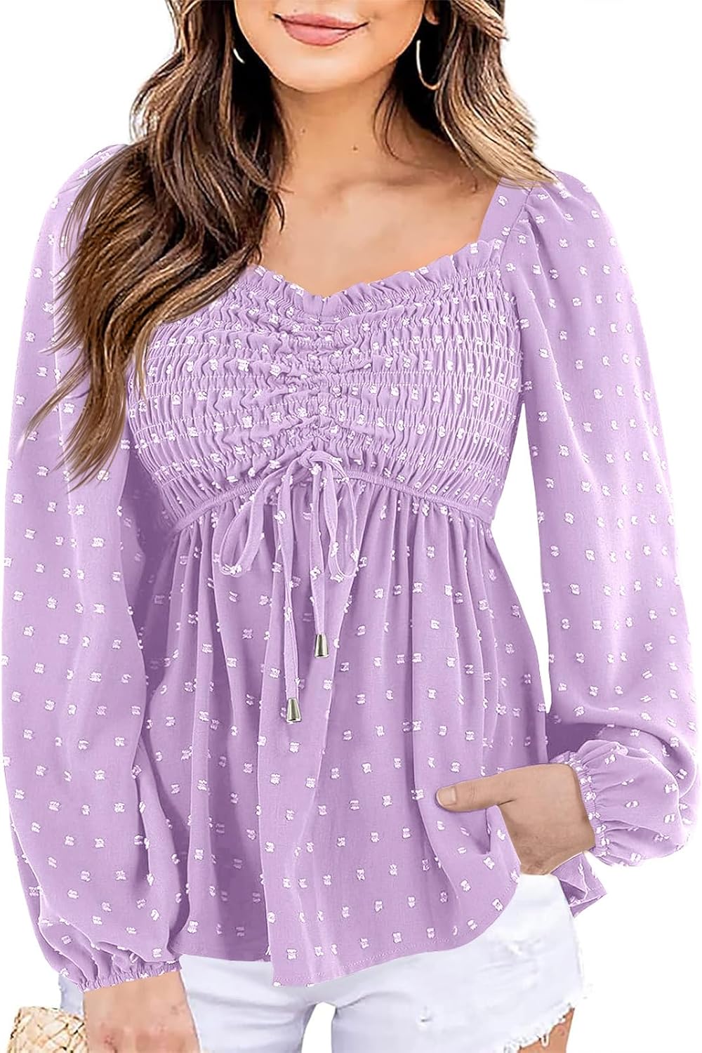 Imysty Women's V Neck Smocked Peplum Tops Balloon Long Sleeve Blouses Shirt Purple