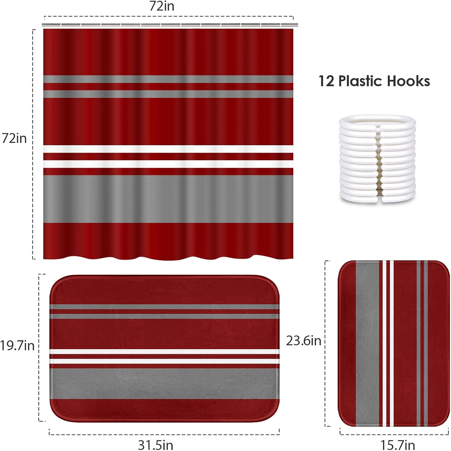 ArtSocket Bathroom Set of 3, Shower Curtain and Bath Rugs Burgundy Red image 2